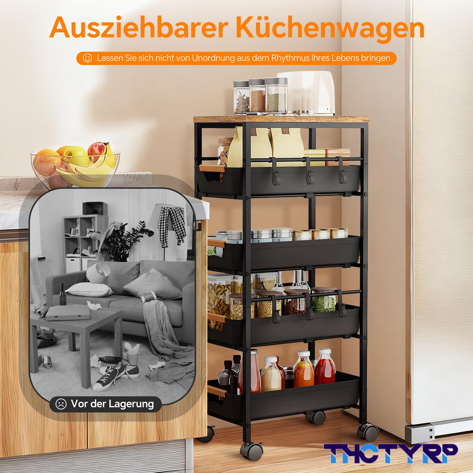Küchenwagen mit 5 Ebenen & 4 Schubladen, Mit Holzplatte & Belüfteten Körben, 360° Rollen mit 2 Bremsen, Zur Aufbewahrung von Obst, Gemüse, Mikrowelle in Küche & Wohnzimmer (32x38x81.5cm)