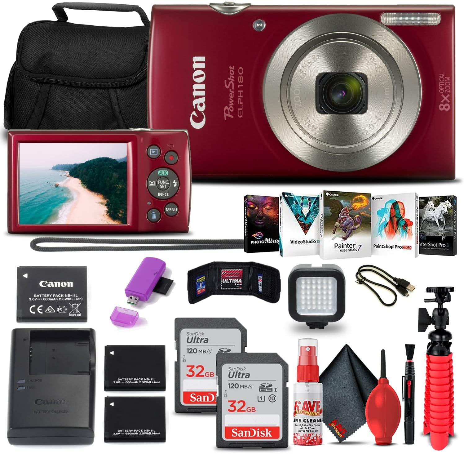 Canon PowerShot ELPH 180 Digital Camera (Red) (1096C001), 2 x 32GB Card, 2 x NB11L Battery, Case, Charger, Card Reader, LED Light, Corel Photo Software, Flex Tripod, Memory Wallet + More
