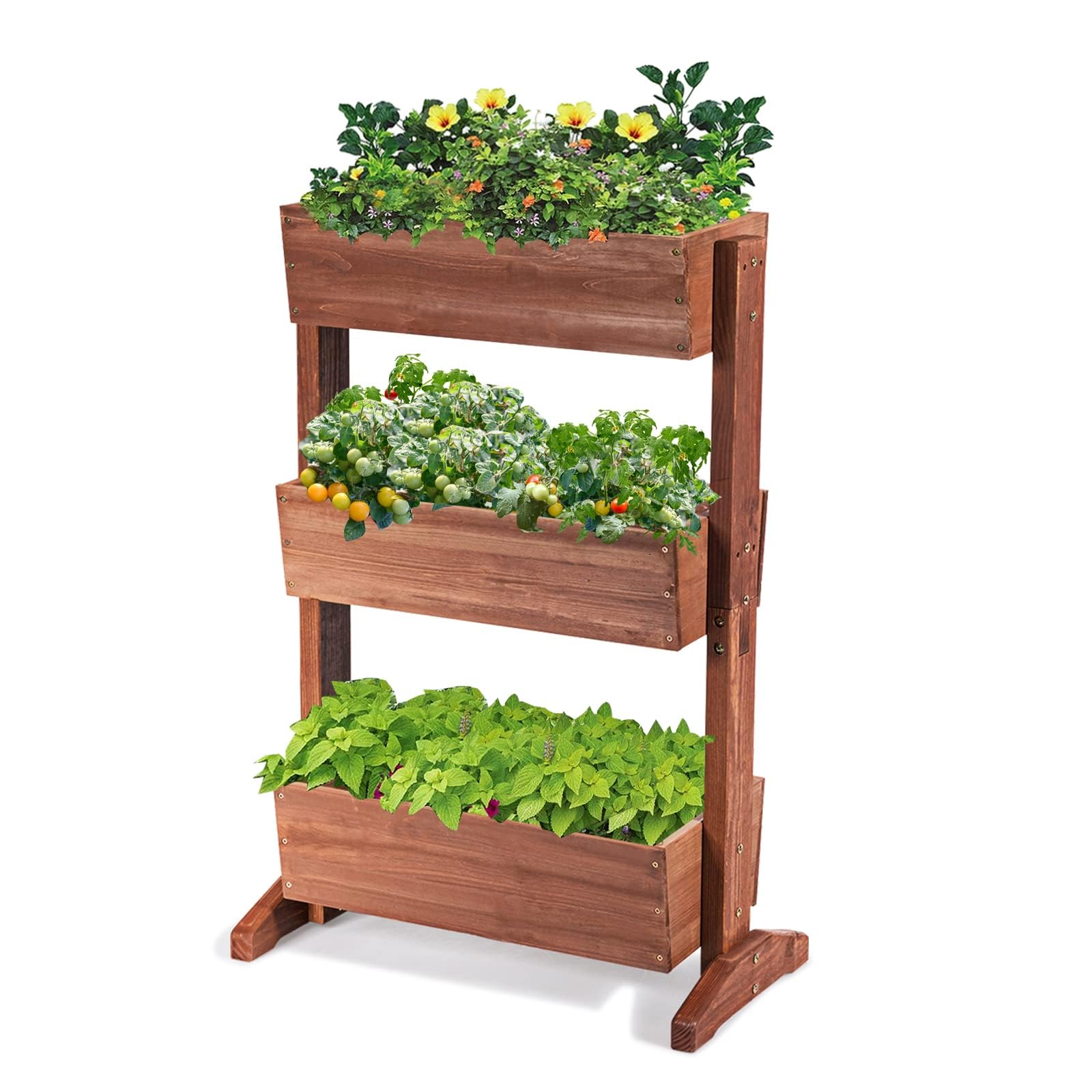GOPLUS Hochbeet mit 3 Etagen, vertikales Blumenbeet aus Tannenholz, Blumentreppe mit 3 Blumentrögen & Ablauflöchern, Pflanzkästen Pflanzbeet für Garten, Balkon & Terrasse, 71 x 38 x 105 cm, Braun