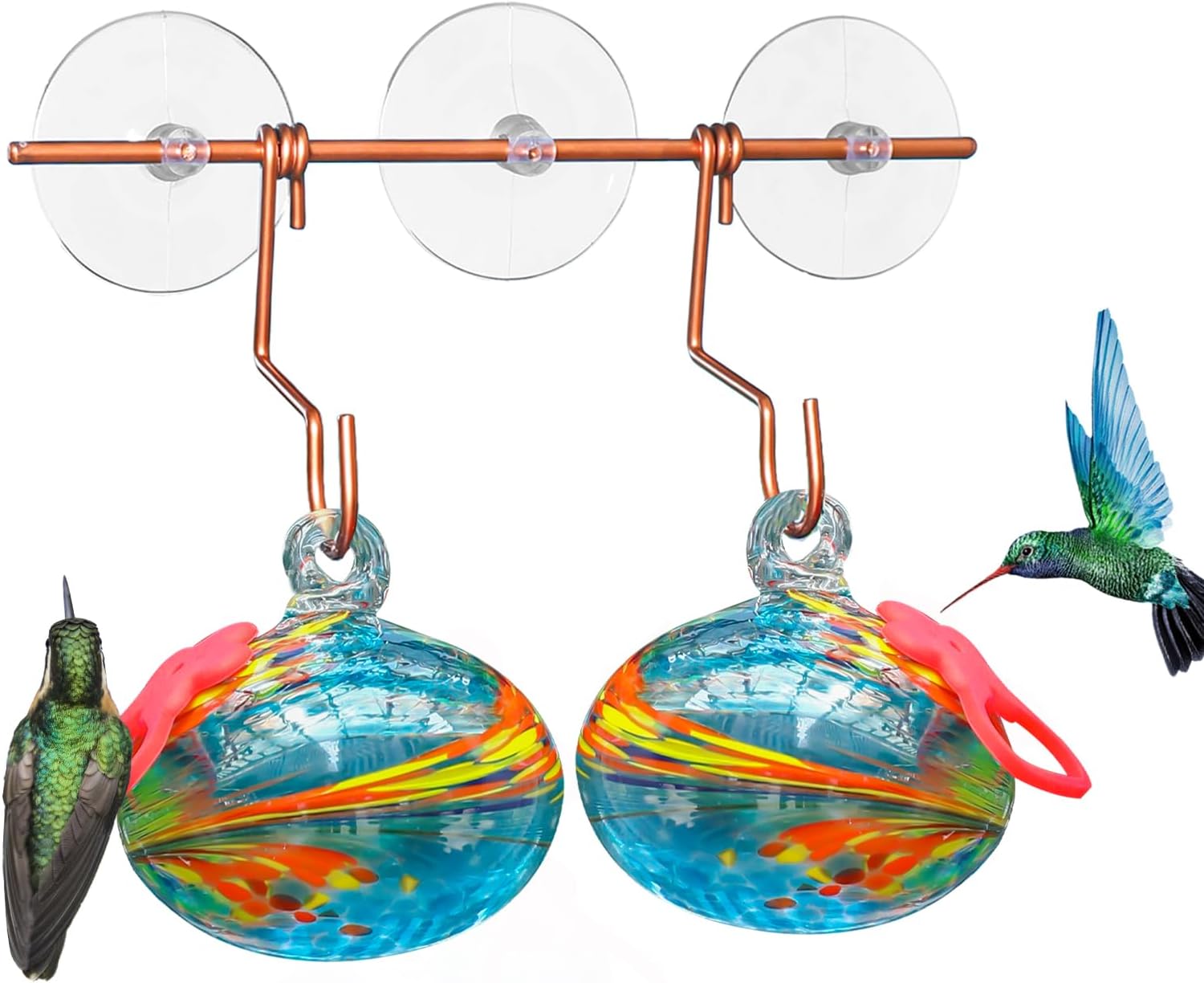 Window Hummingbird Feeder with Suction Cups,Hand-Blown Glass Hummingbird Feeders for Outdoors Window Mounted with Metal Hook,Close Bird Watching(Blue)