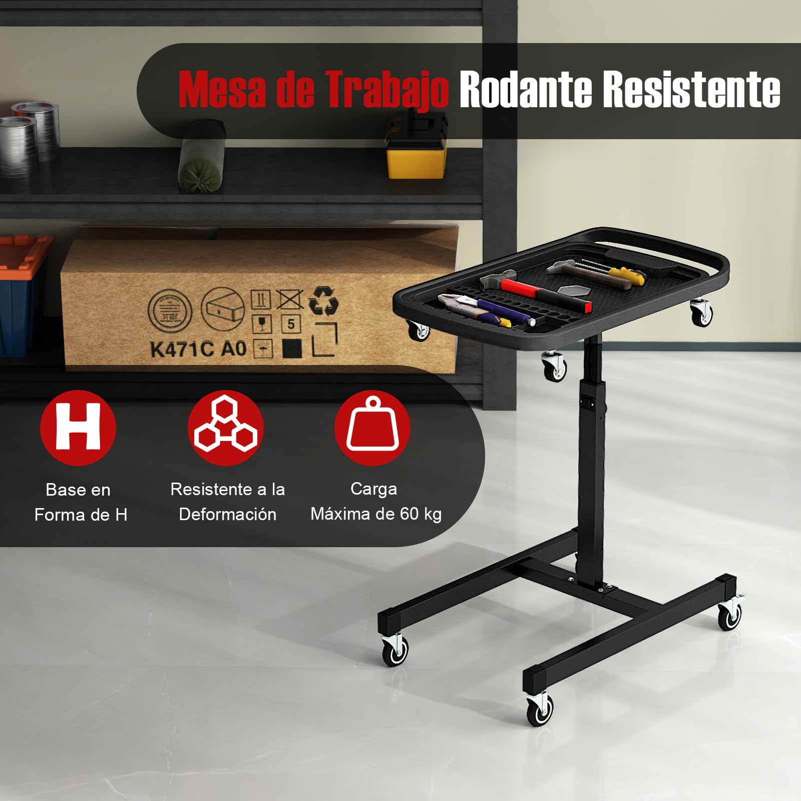 COSTWAY 2 en 1 Bandeja de Herramientas Rodante, Mesa de Trabajo Ajustable con Bandeja Desmontable, Carrito Portátil Mecánico con 4 Ruedas para Garaje, Taller de Reparación, Carga Máxima de 60 kg