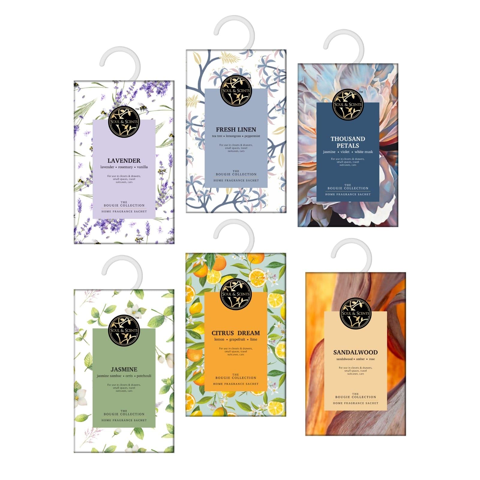 Soul & Scents Fragrance Sachet|Sandalwood, Lavender, Fresh Linen, Citrus Dream, Jasmine, Thousand Petals - Versatile Air Freshener for Car, Wardrobe, Kitchen, and Travel Bag|Pack of 6-20gm Each (B0CLYBK5DX) Amazon Price History, Amazon Price Tracker