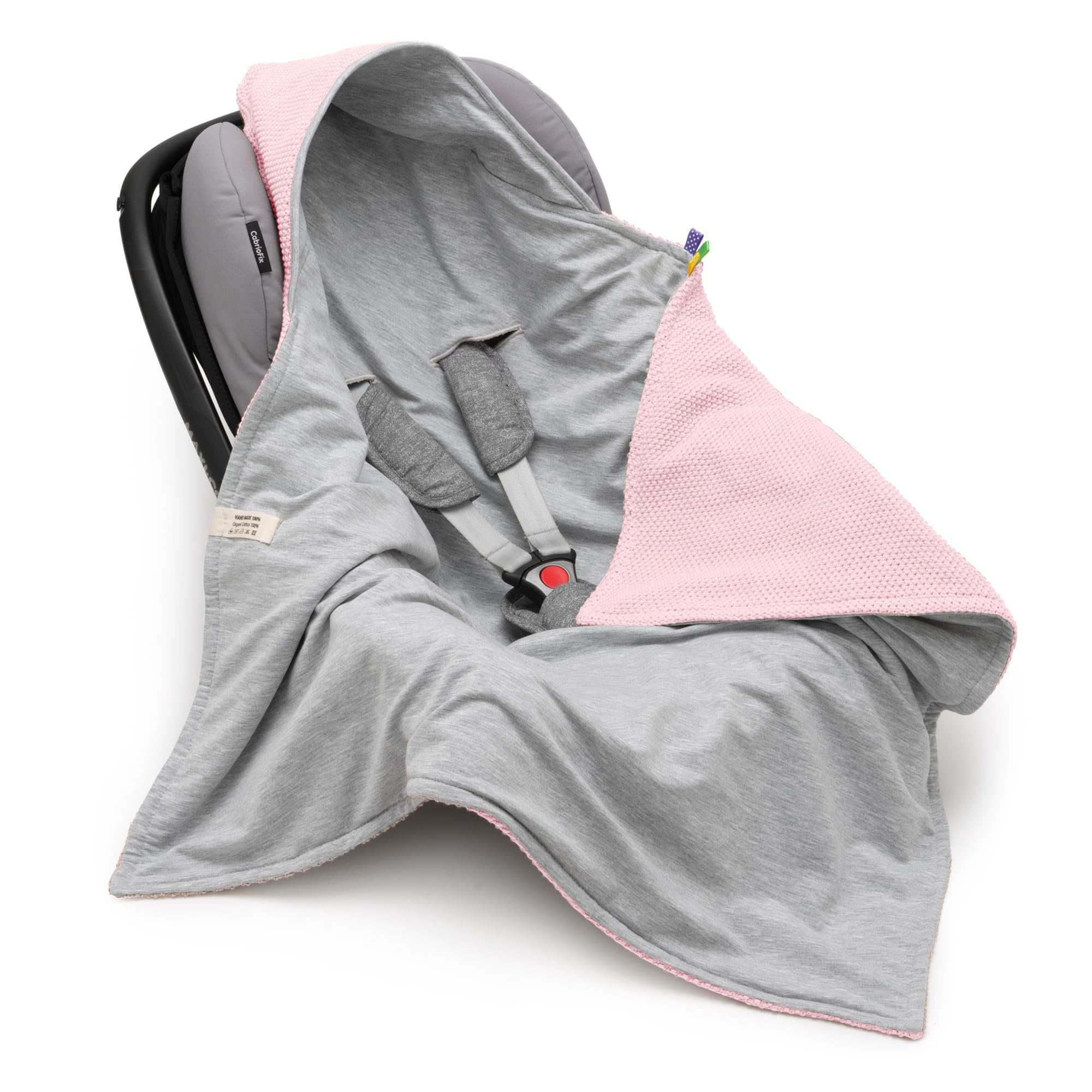 Mikos® Einschlagdecke Babyschale Herbst Winter GOTS zert. 100% Bio Baumwolle Strickdecke Baumwolldecke für Autositz Für Kinderwagen Buggys z.B. Maxi Cosi 3 Punkt Gurt (45) (Rosa)