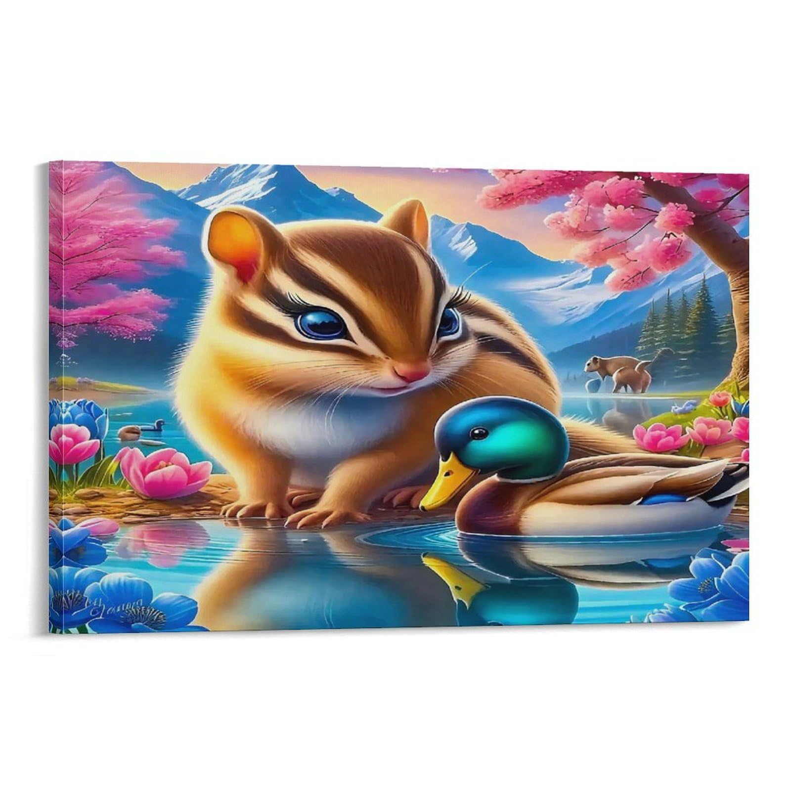 CPLVKWRQJ Squirrel Single Cute Chipmunk And Duck Painting Canvas Art - Gift for Him/Her Kitchen Canvas Wall Decor Removable Ready to Hang 20x30inch(50x75cm)