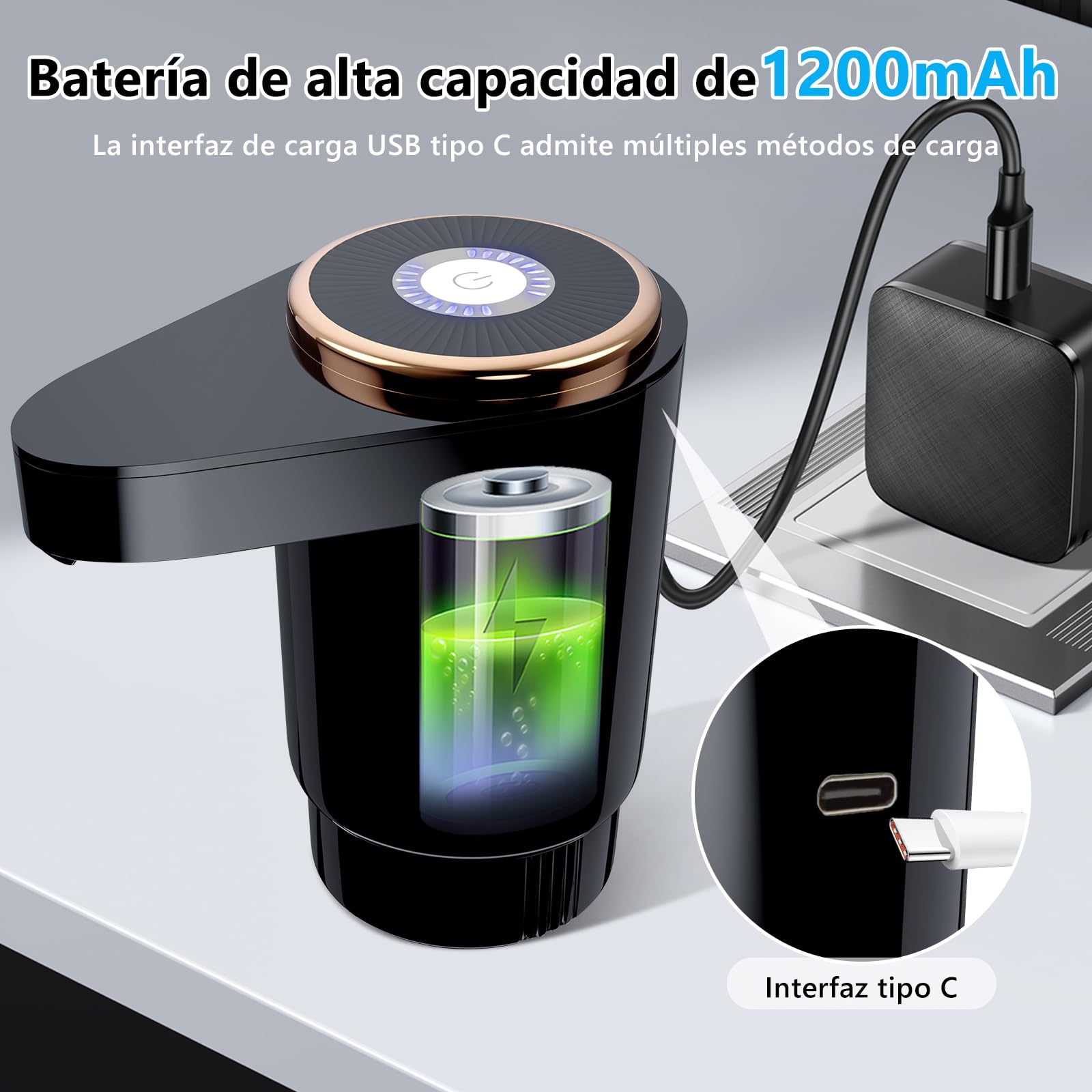 EasySpeed Dispensador de Agua de Doble Velocidad | Recargable 1200mAh Bomba de Grifo para Botellas con 2 Adaptadores | Compatible con Garrafas de 3 a 20 litros | para Camping, Casa & Oficina, Negro — view 3