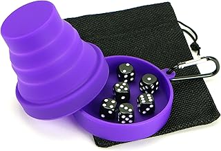 Delta Dynamic Products Travel Dice Cup Set – Folding Silicone Dice Shaker Cup with Lid, Six Dice and Drawstring Bag. Ideal for Liars Dice, Farkle, Yatzy and other Games.