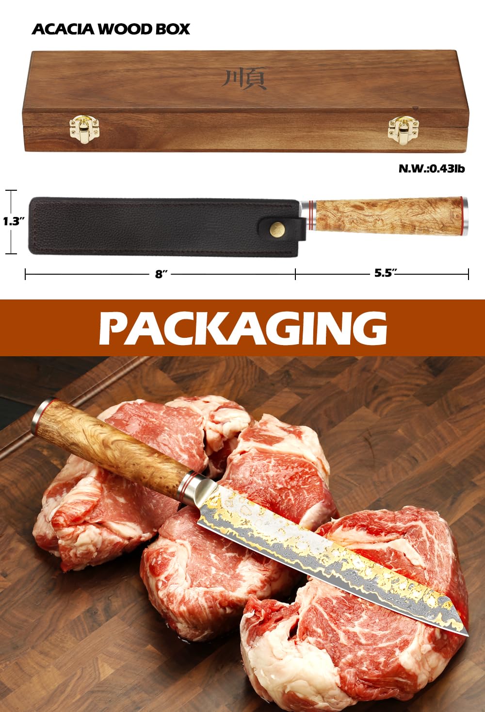 YOUSUNLONG Couteau à trancher Sujihiki - Couteau à Sashimi Sushi 205mm - Acier Damas Cuivre fait main - Couteaux à découper japonais Yanagiba - Manche en bois de ronce naturelle avec cuir