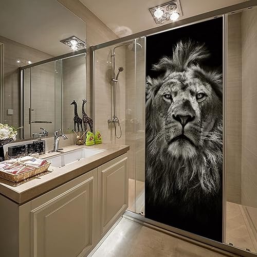 Miniatura 9 de Calcomanías 3D para puertas interiores, retrato de un león, vinilo blanco y negro, impermeable, autoadhesivas, para dormitorio, oficina, baño, 30.3