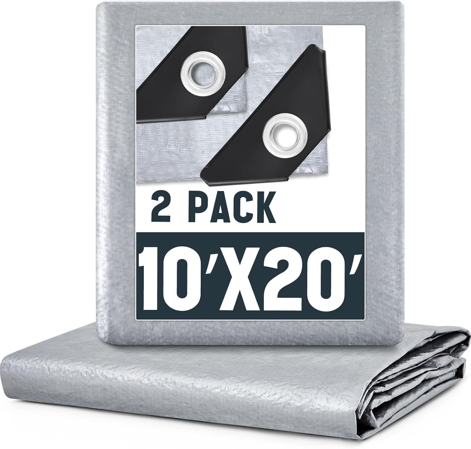2 Pack 10 x 20 ft 5.5 Mil Large Tarps Heavy Duty Waterproof Tarp Multi Purpose Tent Cover for Home Boats Cars Camping Patio Furniture Roof Emergency Rain Protective Cover, Silver