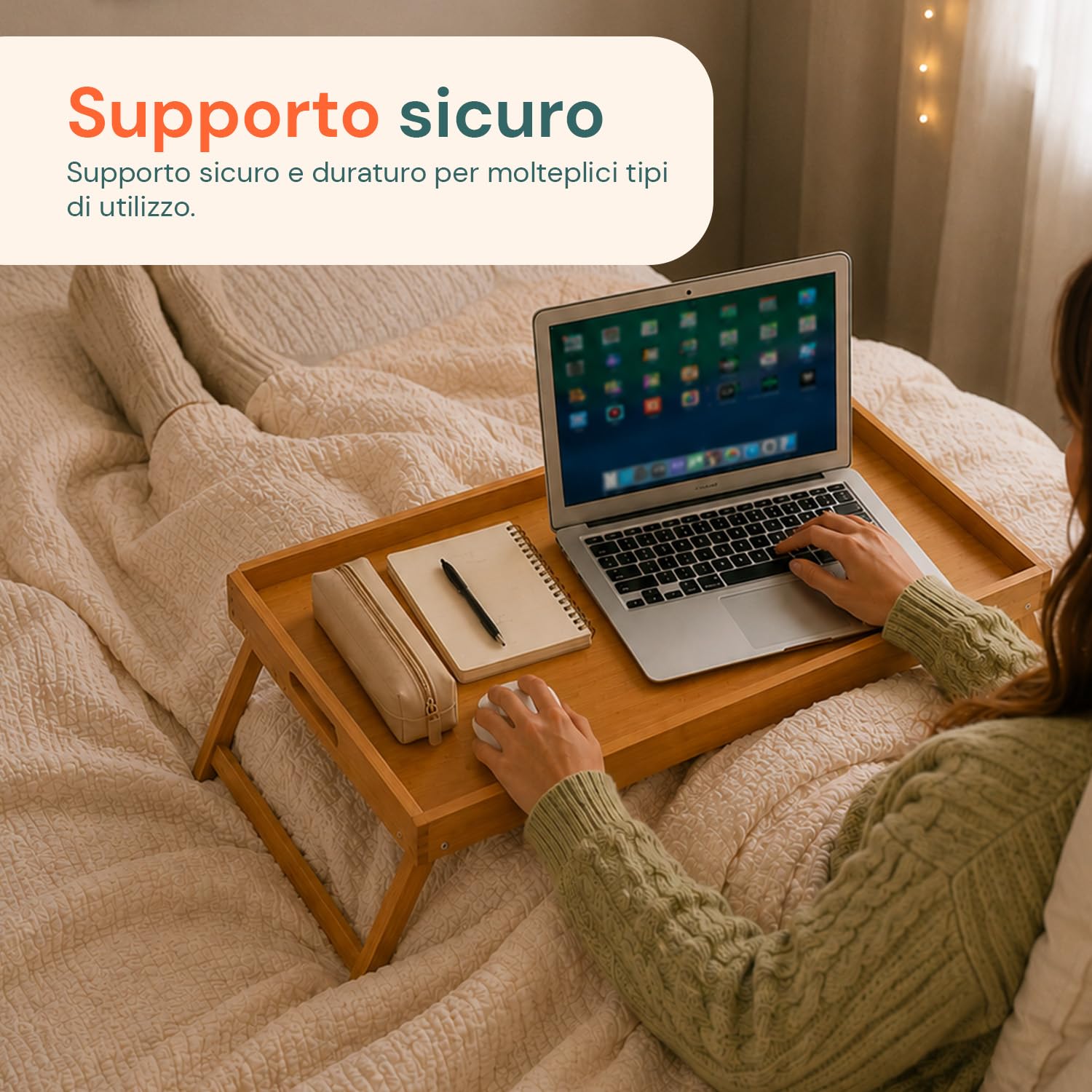 Avilia Vassoio per Colazione a Letto in Bambù con Piedini Pieghevoli - Elegante Tavolino da Letto per Colazione - Vassoio Multifunzionale - 50x30x21cm (Legno Naturale)