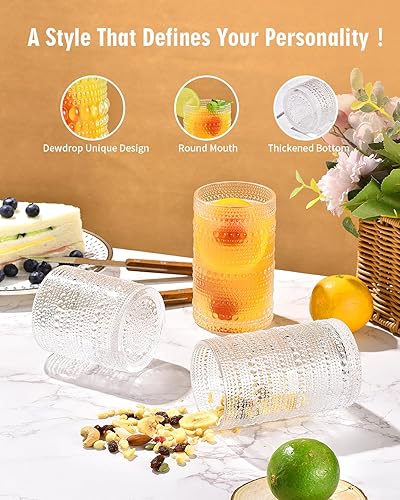 Miniatura 3 de Juego de 8 vasos de cóctel vintage Hobnail de 14 onzas y 12 onzas, vasos para cocina, cristalería con cuentas, vasos altos para whisky, jugo, agua,