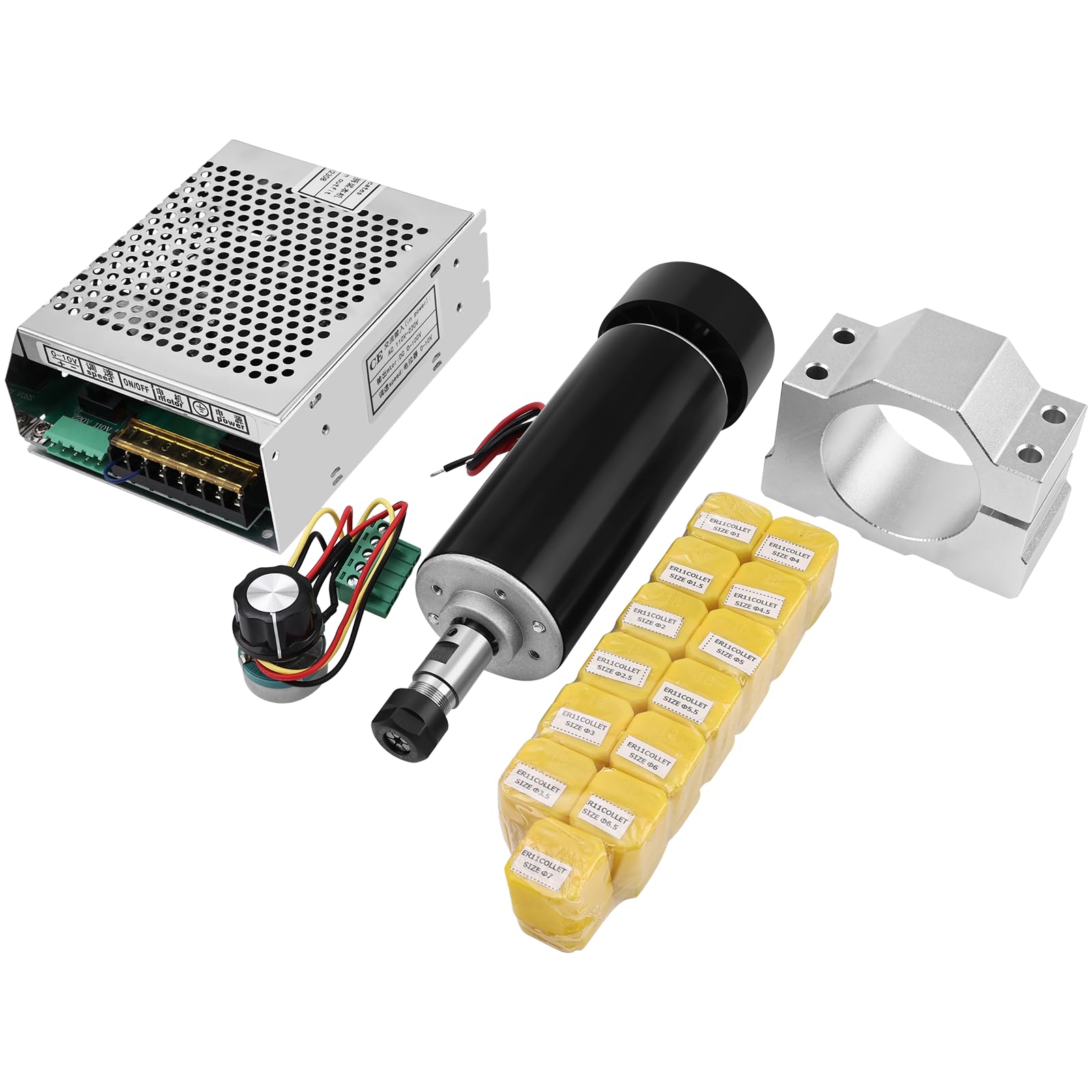 YOFULY Husillo CNC de 500 W con refrigeración por aire, regulador de velocidad MACH3 con fuente de alimentación AC110 V-220 V + soporte de husillo de 52 mm + pinzas de sujeción ER11 para máquina de