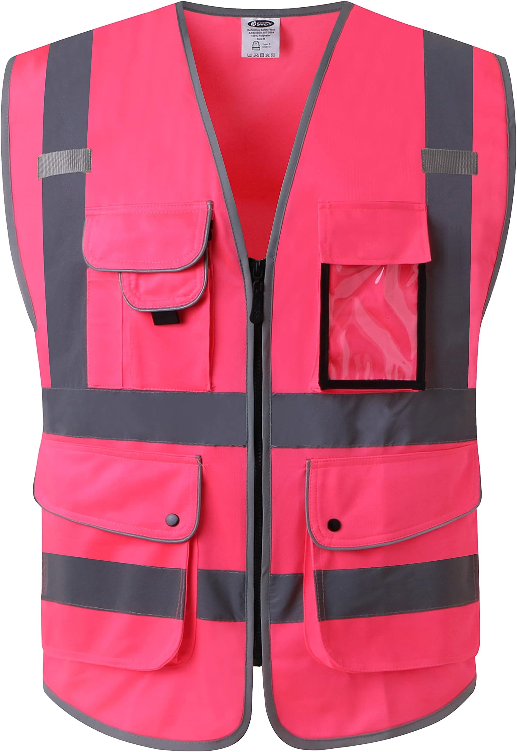 JKSafety 9 Pockets Class 2 High Visibility Zipper Front Safety Vest With Reflective Strips, Meets ANSI/ISEA Standards (Medium, 150-Pink)