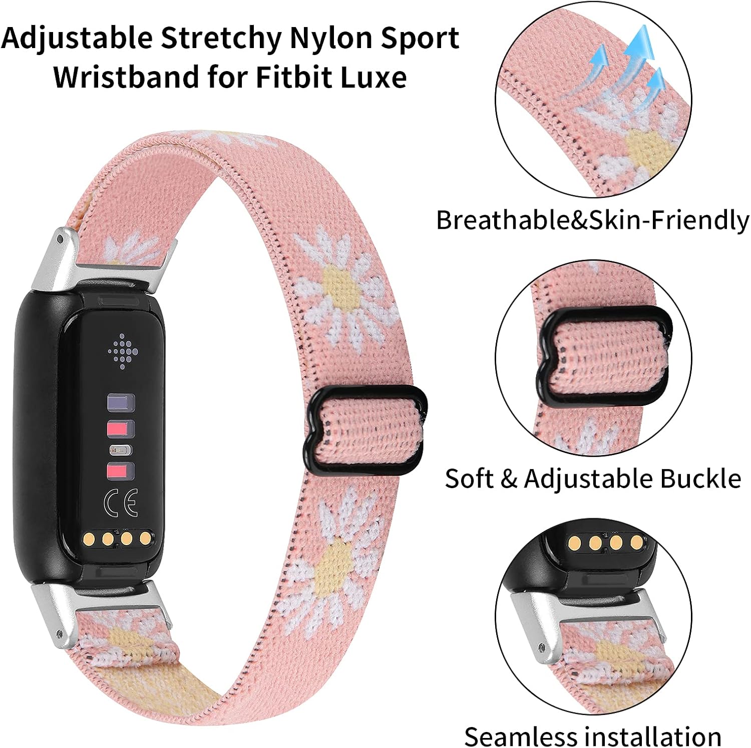 OCEBEEC 2 Pack Elastic Bands Compatible with Fitbit Luxe, Adjustable Stretchy Nylon Sport Wristband Replacement for Fitbit Luxe Fitness and Wellness Tracker Women Men(Green Flower+Pink Flower)