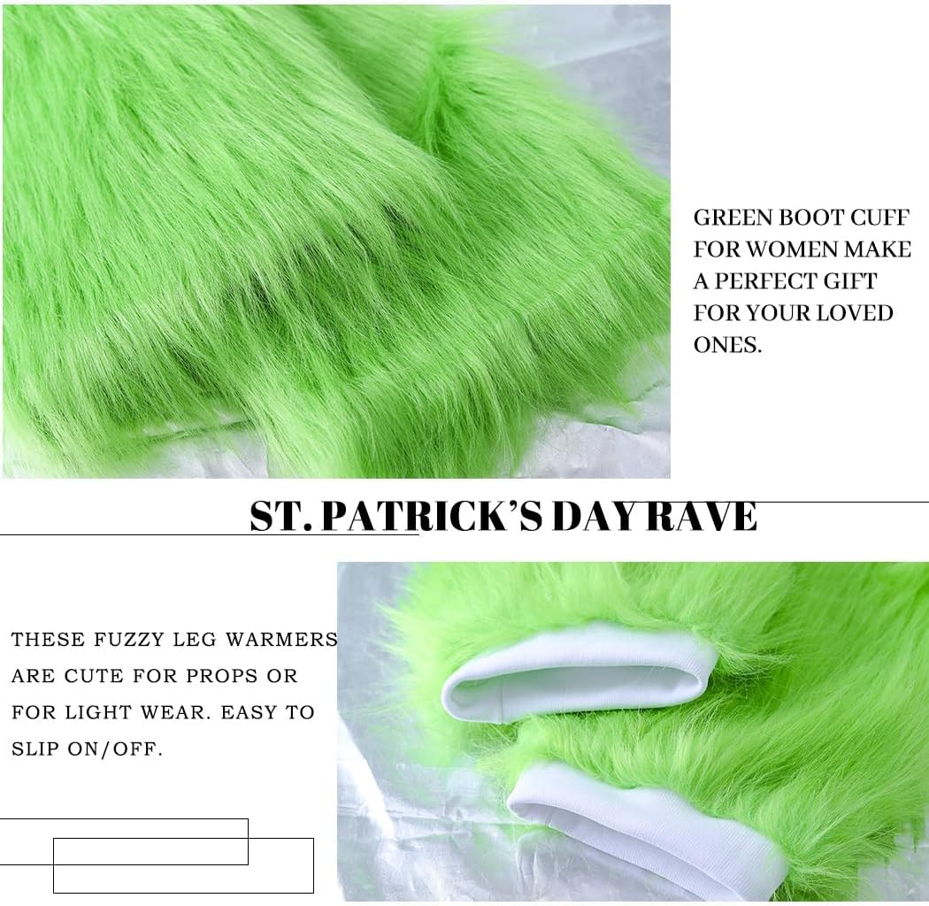 Abien St. Patrick's Day Fur Leg Warmers for Women Mardi Gras Long Furry Boots Cuff Cover Green Fuzzy Leg Warmers for Irish Rave Costume Accessories