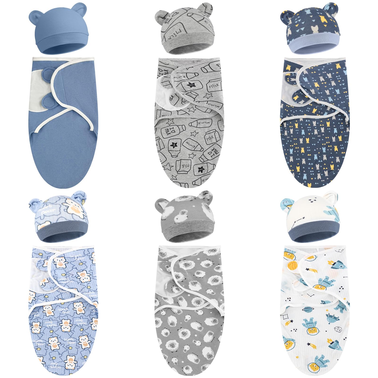 6 Pack Cotton Baby Swaddle Blanket Wrap with Matching Hat Set - Preemie Receiving Blanket for Newborn Boy or Girl (Blue Series, 3-7 Lbs)