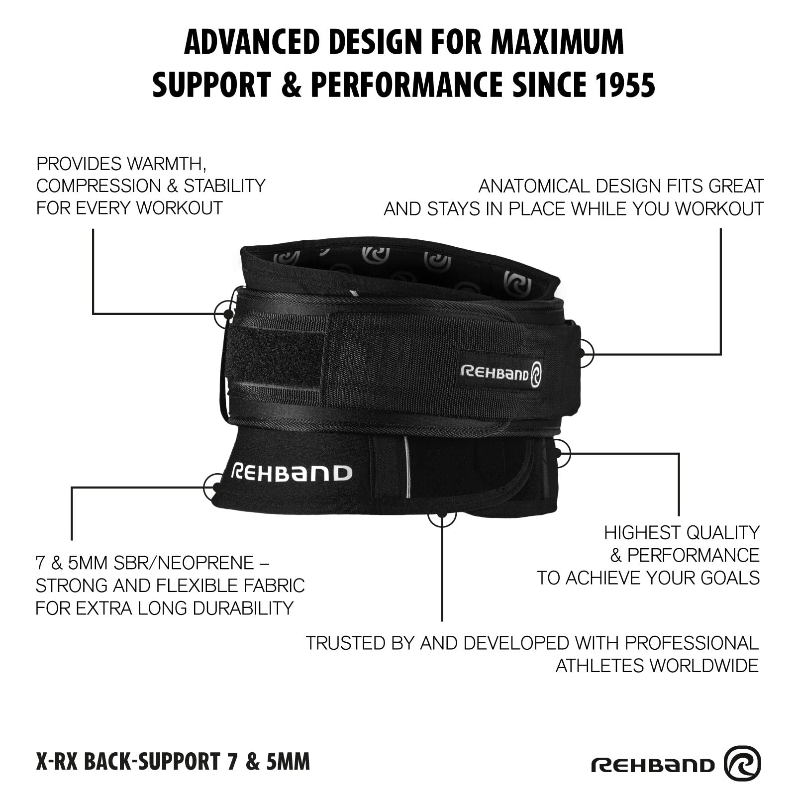 Rehband X-RX Supporto Lombare con Cintura da Sollevamento Pesi Rimovibile - Fascia in Neoprene da 7 mm per Allenamento di Forza Intenso, stabilizza la Colonna Lombare e la Parte Bassa della Schiena