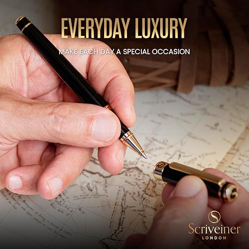 Miniatura 7 de Scriveiner Bolígrafo negro personalizado, impresionante bolígrafo de lujo, laca negra azabache y acabado de oro de 24 quilates, repuesto de tinta
