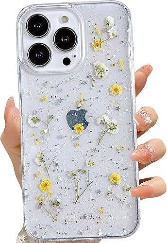 Miniatura 33 de Funda transparente para iPhone 16 Pro Max con diseño de flores reales presionadas, patrón floral rosa brillante y lindo, funda protectora de TPU
