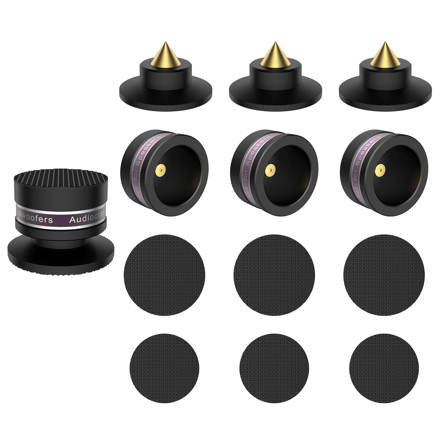 Lot de 4 haut-parleurs en aluminium - Pieds - Réglable en hauteur avec rondelle - Absorbeur de chocs - Pour haut-parleurs, appareils Hi-Fi, caisson de basses et CD DAC - Noir