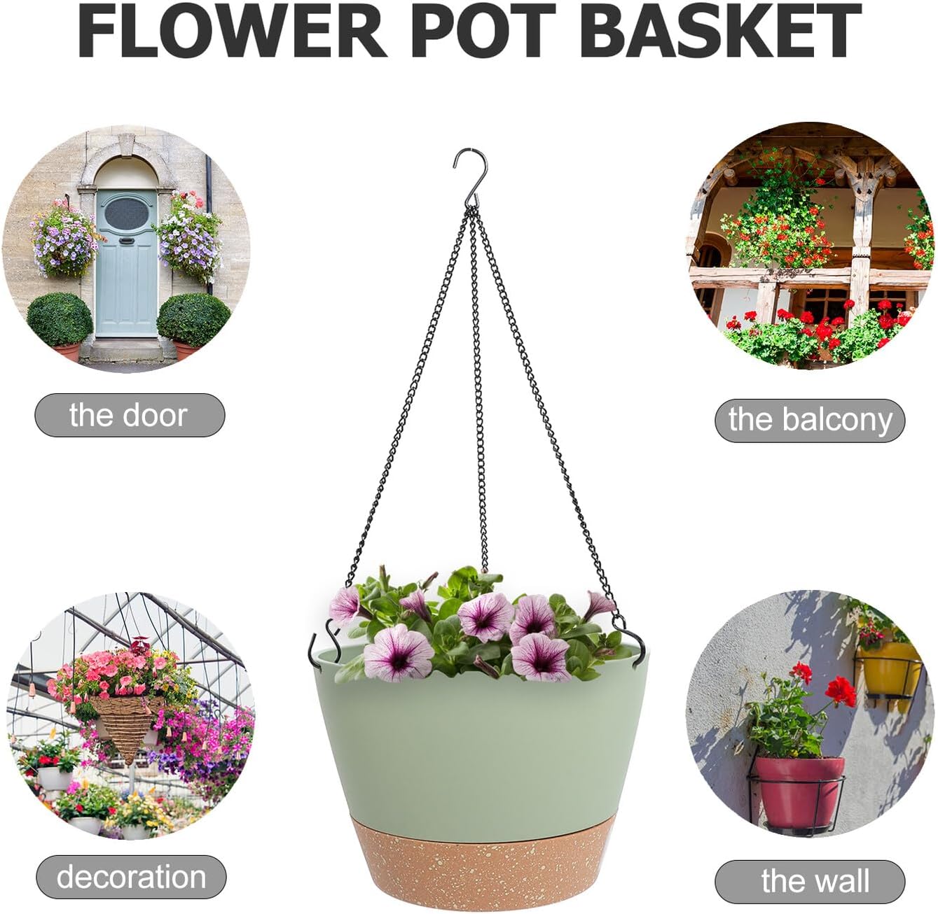 2pcs Hanging Flower Pots for Garden Balcony, 10-inch Plastic Hanging Planters with Drainage Holes, Green Bean Color, Outdoor Indoor Plant Baskets for Patio and Porch Decor