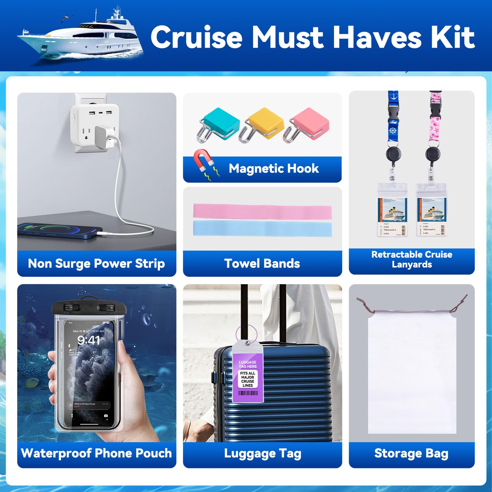 Hescuvet Cruise Essentials 2025, kit Cruise Must Haves con presa multipla anti-sovratensione, cordini da crociera retrattili, custodia impermeabile per telefono, gancio magnetico, etichetta per