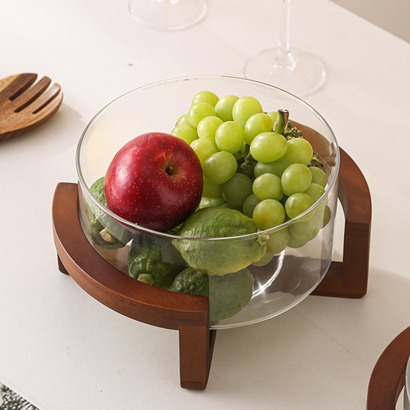 Ensaladera Grande de Vidrio 1800 ml de Gran Capacidad con Base de Madera | Cuenco Transparente para Ensalada y Postre para Cocina Familia Cena Pasta Frutas Verduras Postres Pan
