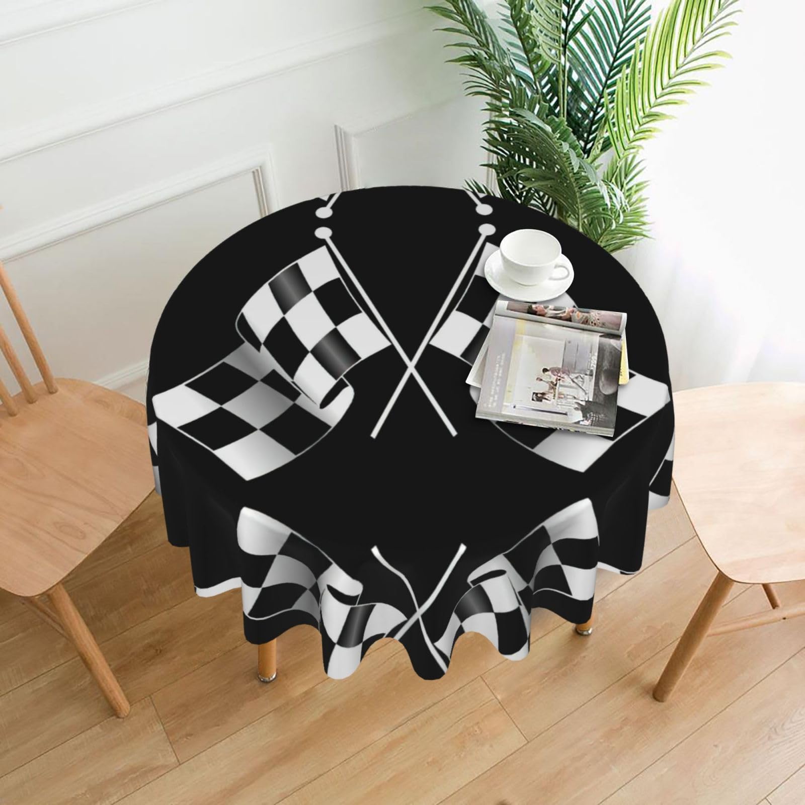 Zcmkjlg Black White Formula Checkered Flags Pattern Print Quick Ship Round Tablecloth 60in Polyester Washable Cover for Dining Room