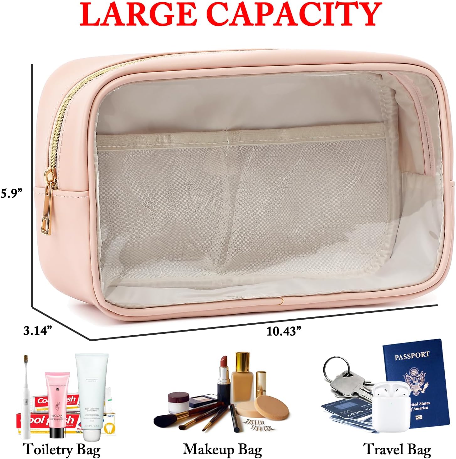 Clear Makeup Bag with 2 Customizable Chenille Letters - Waterproof PU Leather Cosmetic Case, Large Personalized Toiletry Pouch for Women & Teens, Ideal for Travel & Gift - Image 4