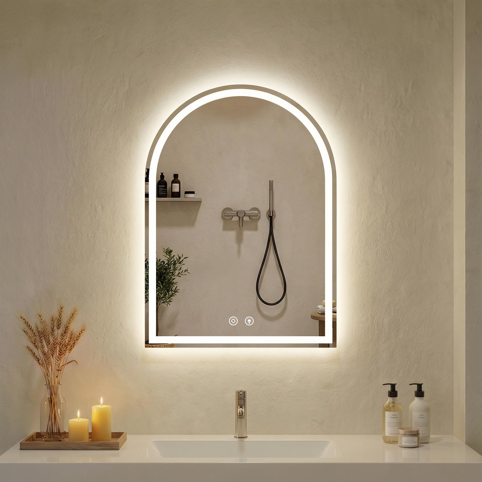 NEWBULIG Arched LED Bathroom Mirrors with Lights 20"x28" LED Mirror for Bathroom,Led Vanity Mirror, Anti-Fog,LED Mirrors with Light, Anti-Fog, Dimmable, 3 Color, Shatterproof, Touch Sensor