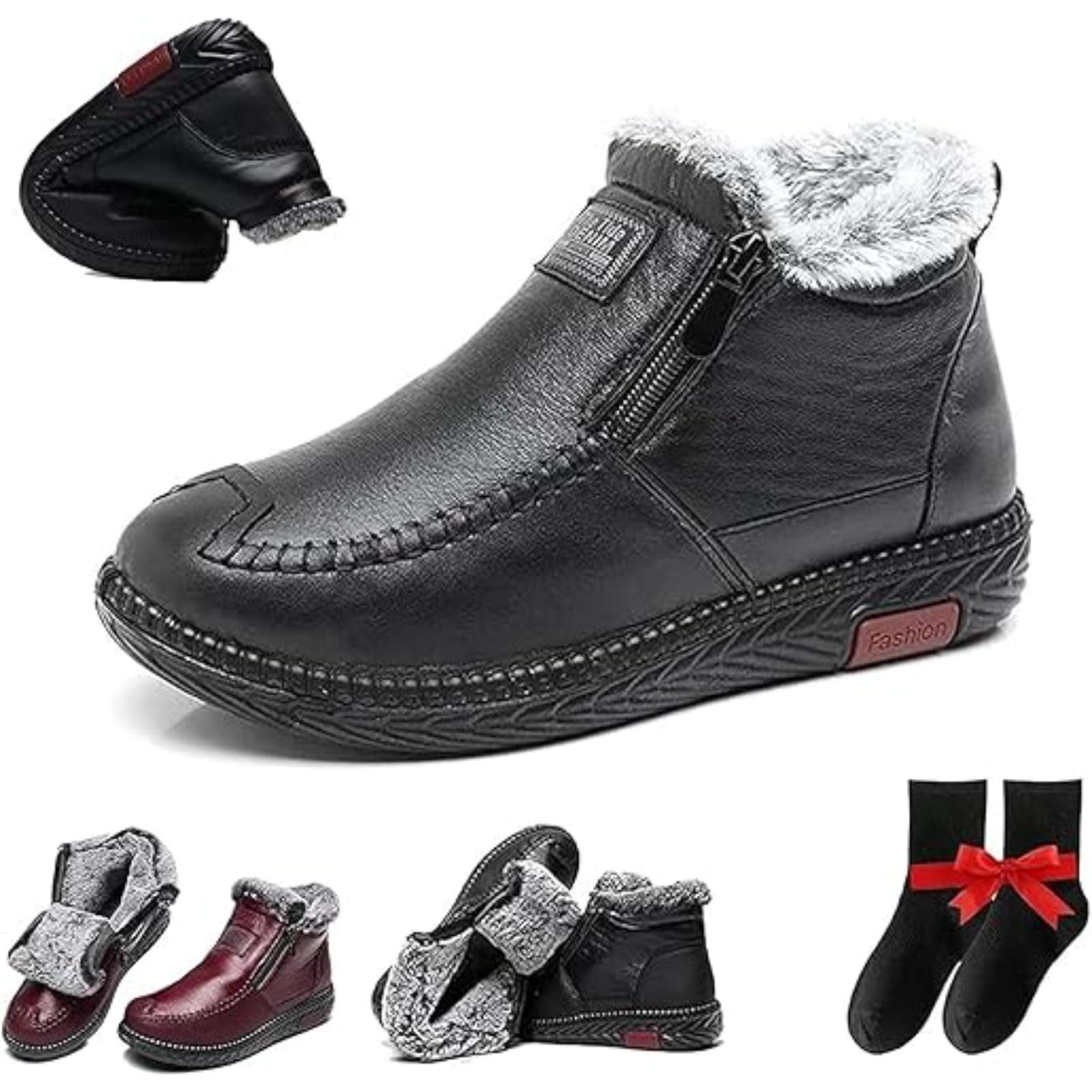 Womens Waterproof Non-Slip Cotton Leather Boots New Fleece Thickened Warm Snow Boots Wide Fit Waterproof Leather Non Slip