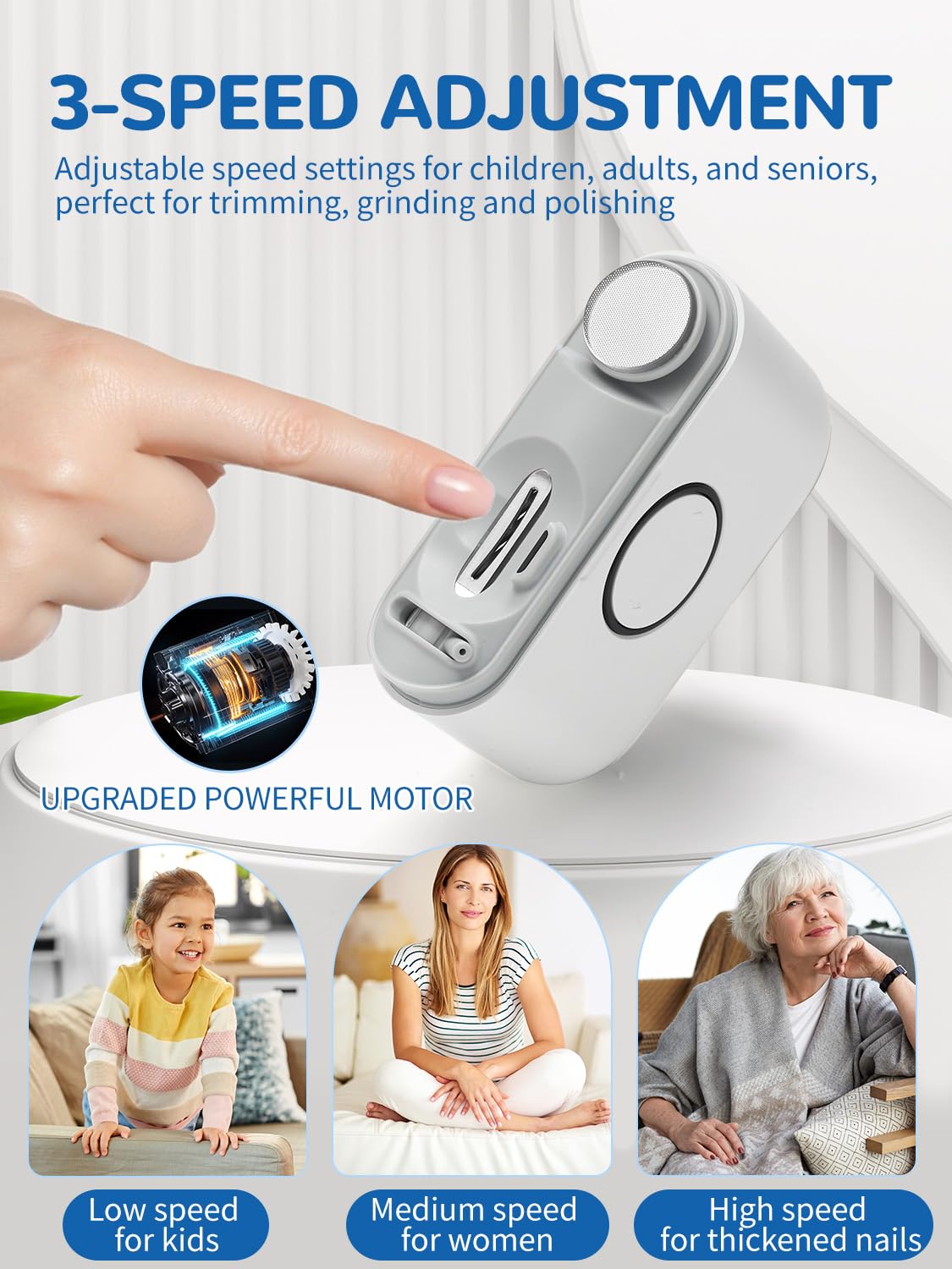 ONEDONE Coupe-ongles électrique – 3 en 1 rechargeable pour bébé Lime à ongles électrique avec double lame, 3 vitesses, sans danger pour les bébés, les femmes et les personnes âgées avec coupe-ongles