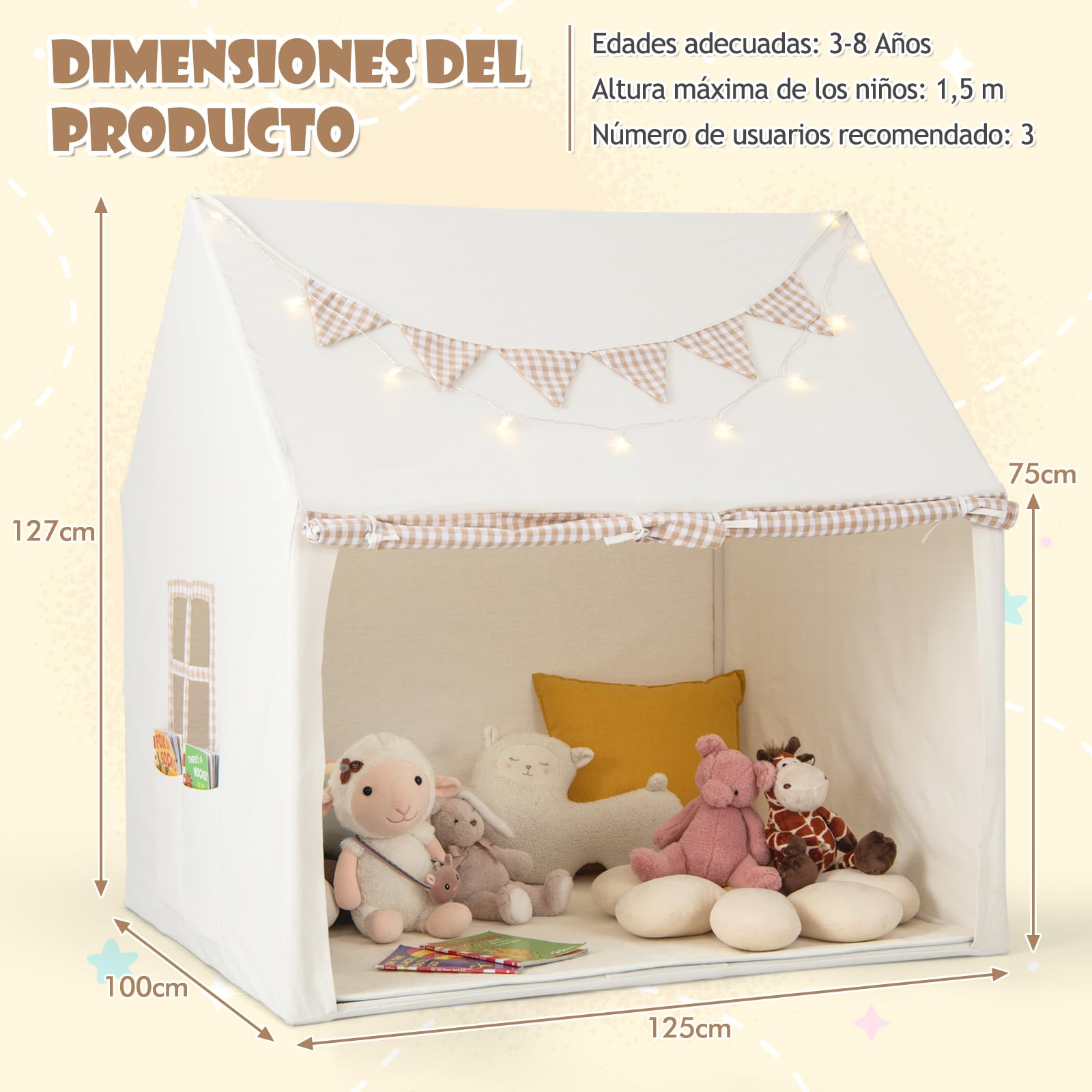 GOPLUS Tienda de Campaña con Tapete Acolchado, Luces de Estrellas y Banderines a Cuadros, para Interiores y Exteriores con Ventanas, Puertas Enrollables Y Bolsillos, para Niños de 3 a 8 Años (Beige)