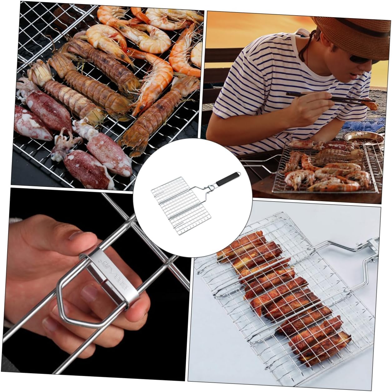 Kisangel Bbq Shrimp Grill Basket Stainless Steel Grill Grate Barbecue Grilling Basket Rolling