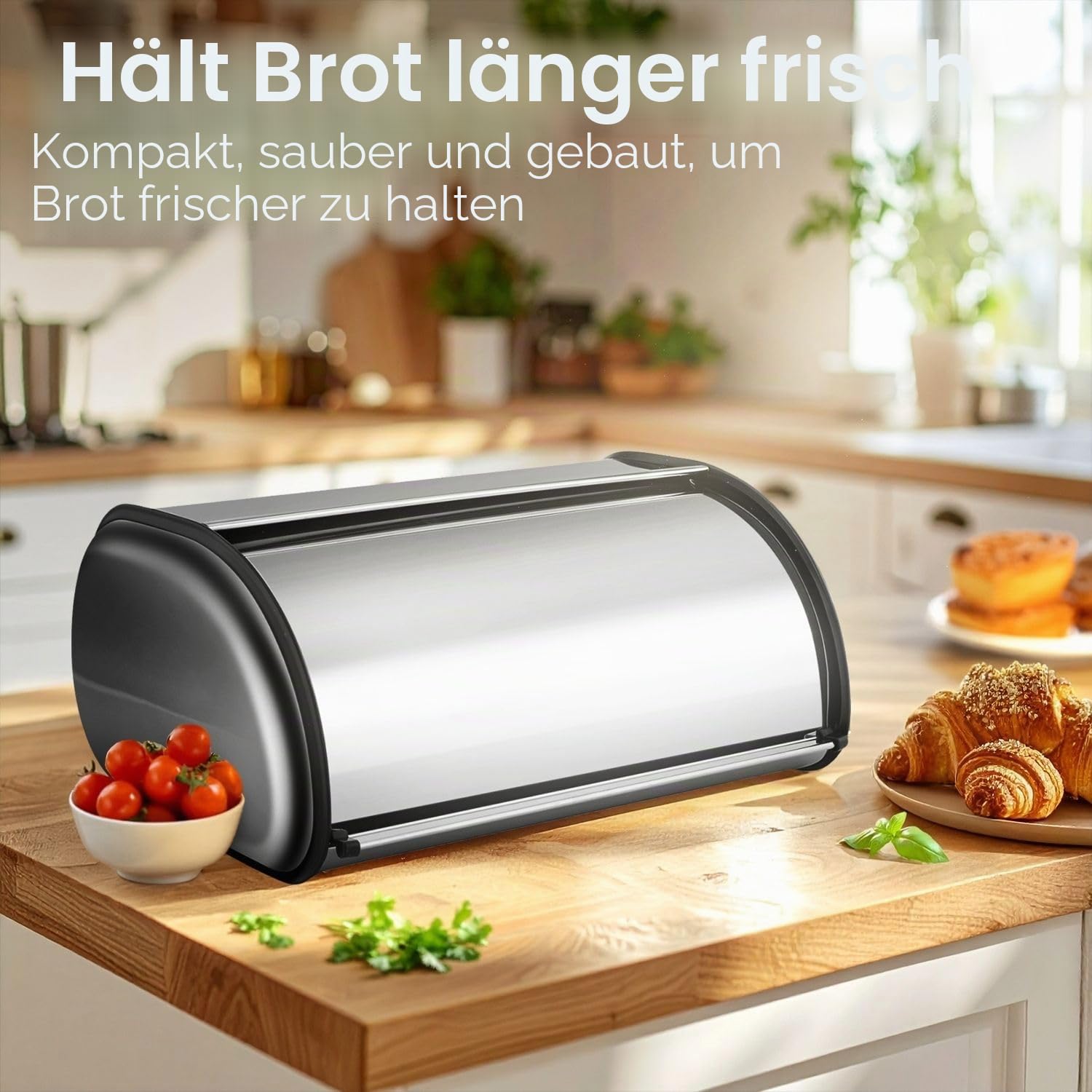 Flexzion-Brotkastenhalterung Edelstahl (40cm) Metall mit aufrollbarem Oberdeckel Aufbewahrung Behälter für Kuchenbrötchen Toasts Laibchen Gebäck Pfannkuchen Kekse heimische Küche im Restaurant