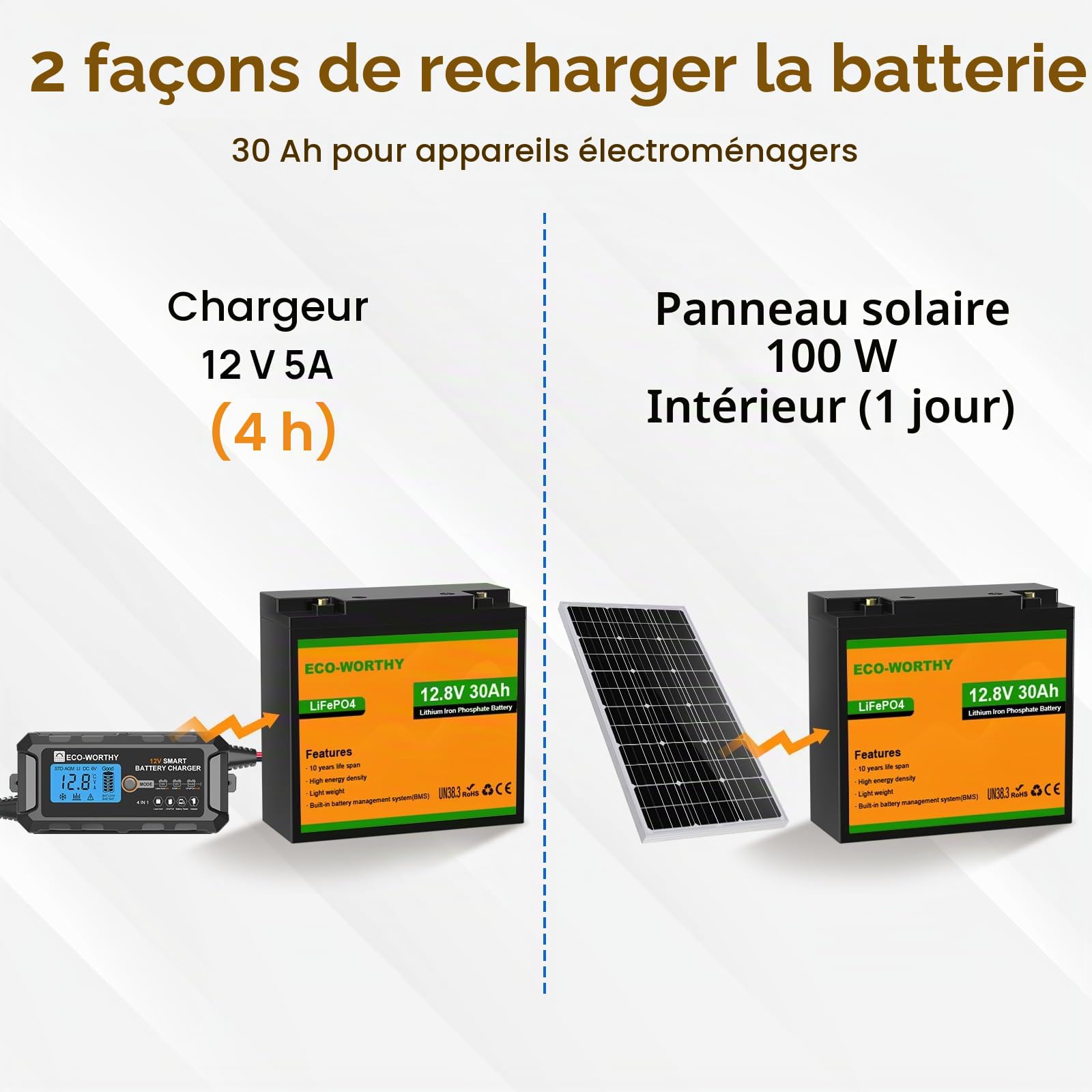 ECO-Worthy LiFePO4 Lot de 2 Batteries au Lithium 12 V 30 Ah avec Protection BMS 25 A et Max. 15 000 Cycles, Batterie au Lithium 384 Wh 12 V 30 Ah pour Camping Car, Caravane