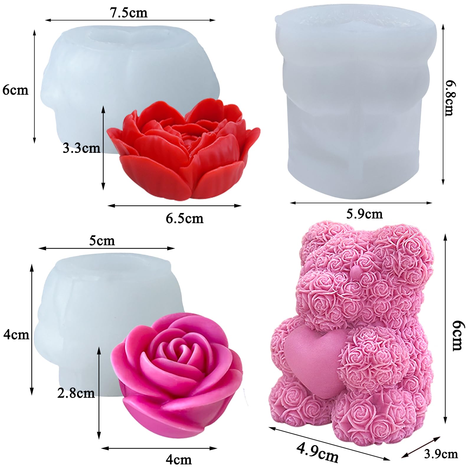 Jumbo silikonowe formy do odlewania świec 3D, miś różany, dla kobiet, prezent urodzinowy, DIY, prezent dla dziewcząt, dostępne do żywicy epoksydowej, mydła, do farbowania gipsu (misie i kwiaty)