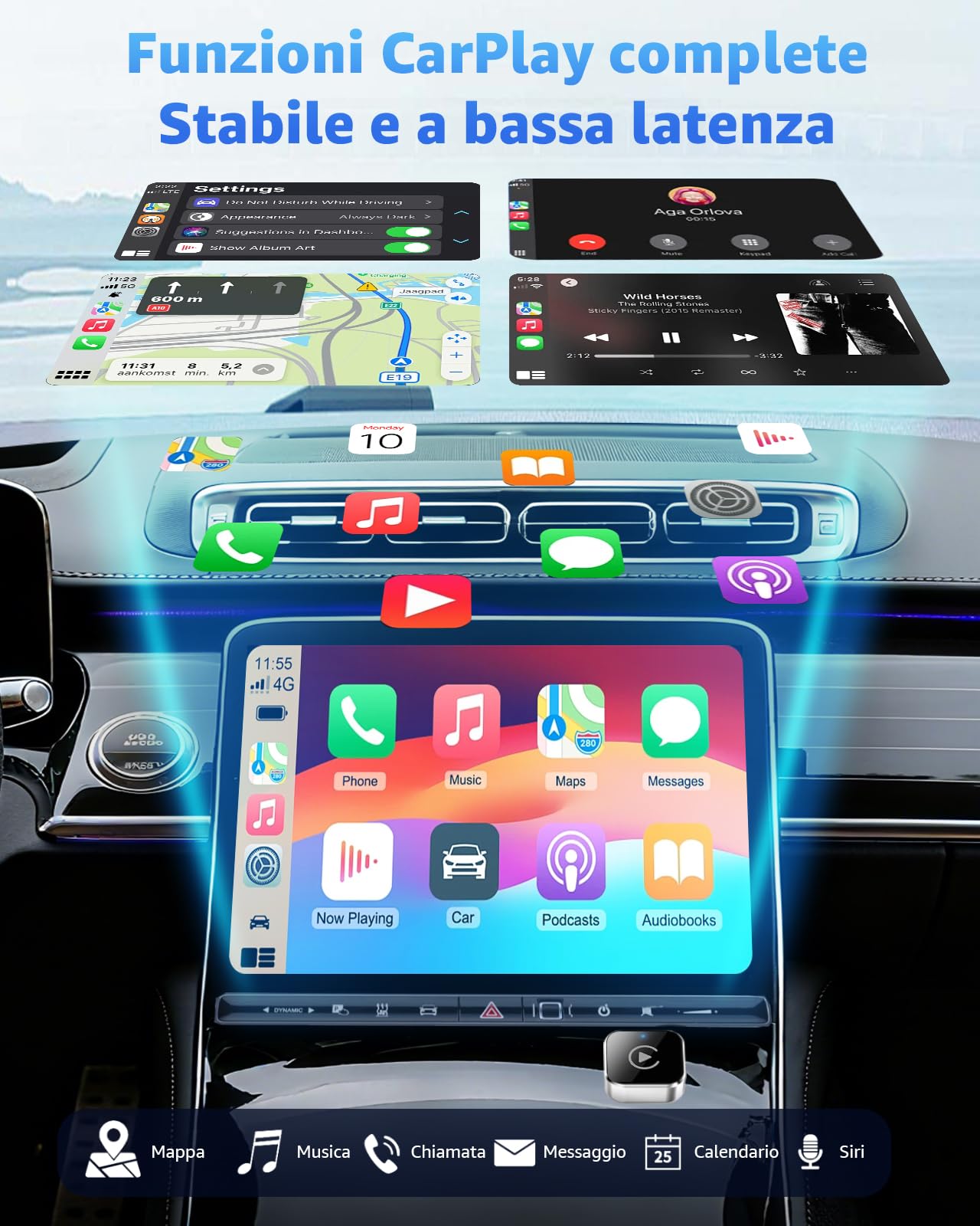 Adattatore Wireless CarPlay e Android Auto, USB-C e USB-A Plug & Play, Convertitore da Cablato a Wireless, WiFi 2.4G/5G, Connessione Automatica, per iPhone iOS 10+ e Android 11+, Auto dal 2016, Nero