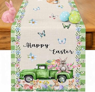 Easter Table Runner Linen Dresser Scarves 13x70in,Country Green Truck Car with Bunny Tail Washable Burlap Table Runners Tabletop Scarf for Holiday Party Dining Tables Decor,Spring Floral Buffalo Grid