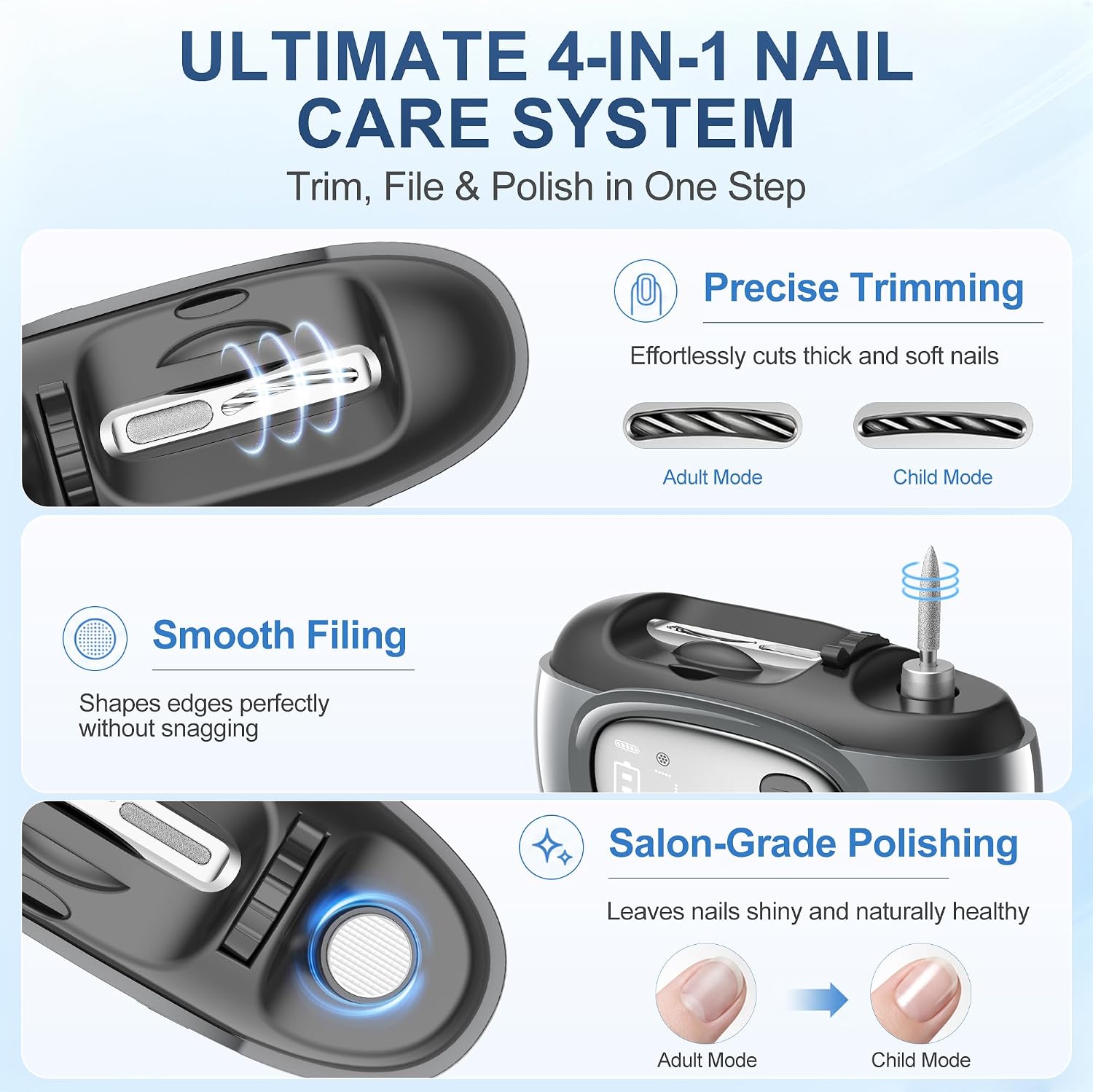 4-in-1 Electric Nail Clipper with Removable Magnifier, LED Light(Grey)
