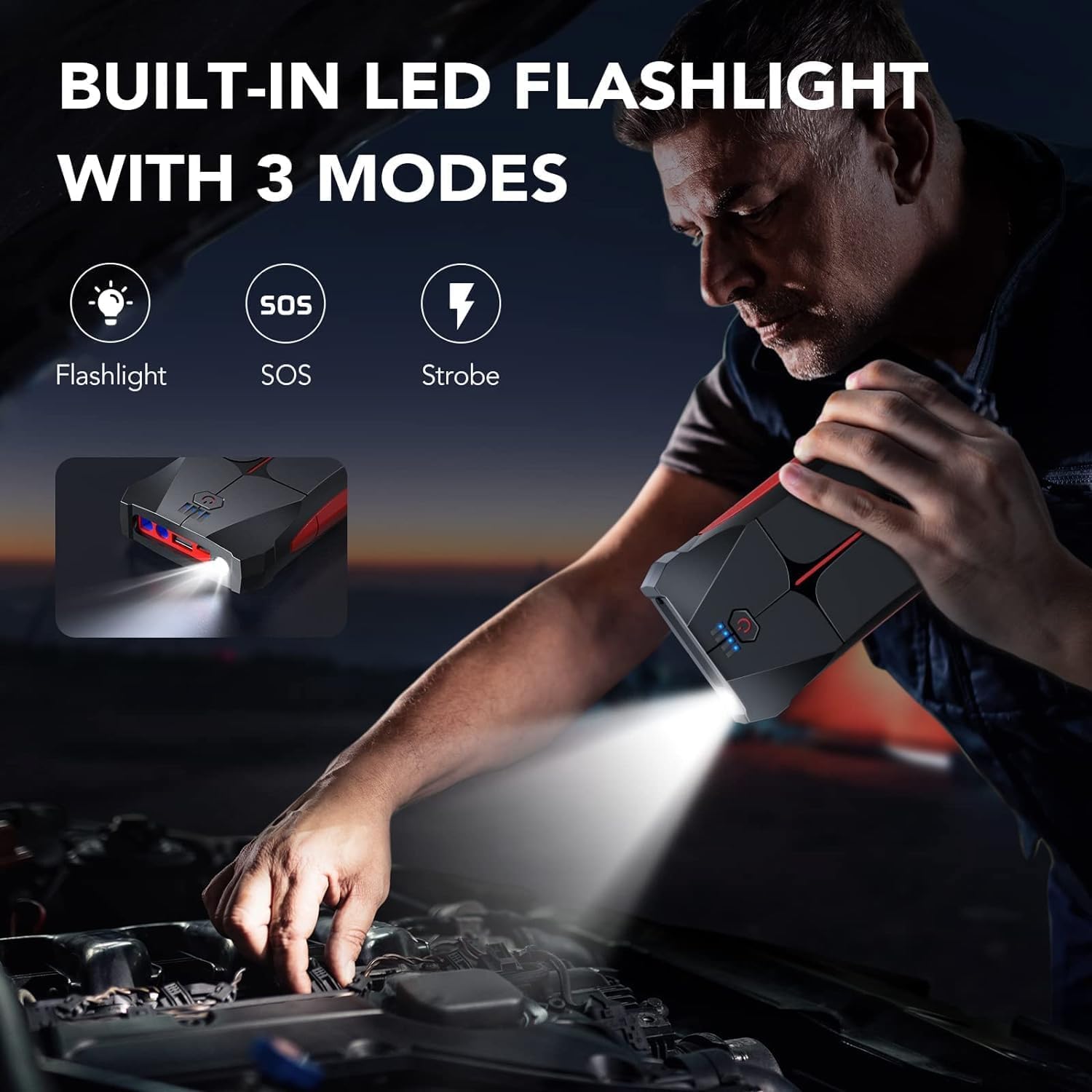 Built-in LED flashlight with illumination, SOS, and strobe modes