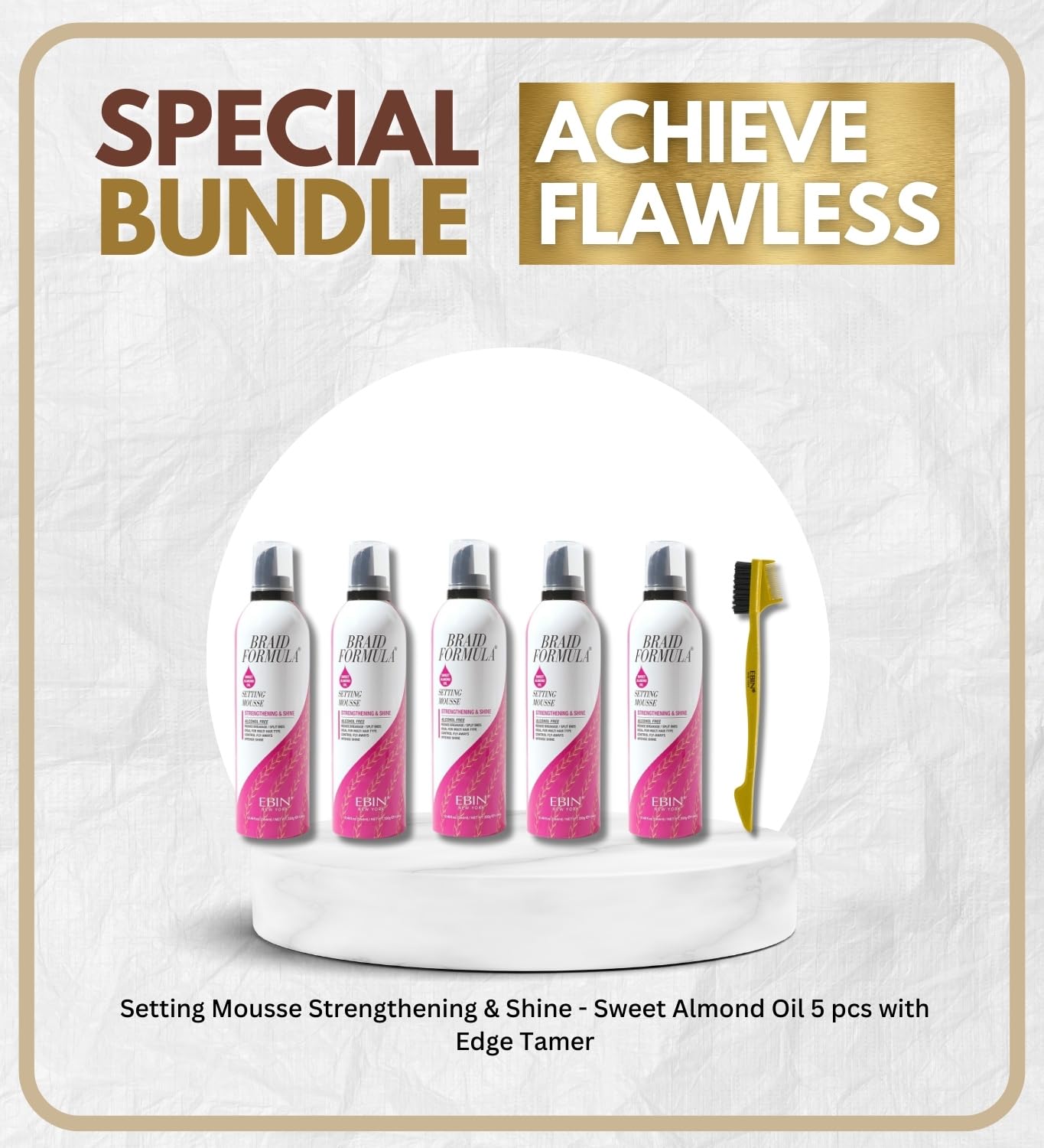 EBIN NEW YORK Hair Mousse – 5x Setting Mousse Strengthening & Shine with Sweet Almond Oil 12.49 oz Bundle with Edge Tamer 3-IN-1 Brush & Comb Smooth Finish & Frizz Control – Gift Set (6 Items)