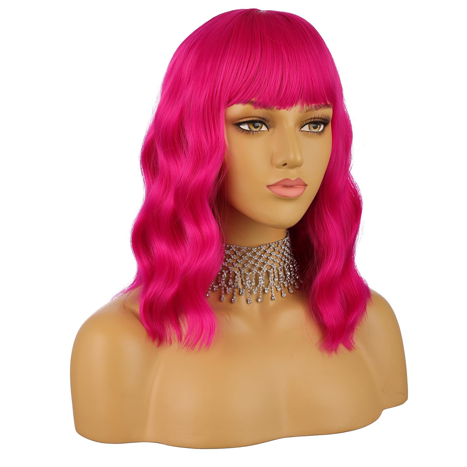 eNilecor Hot Pink Wig Short Colorful Curly Wavy Synthetic Bob Wigs with Air Bangs 14" Natural Hiar Replacement Cosplay Wigs for Women