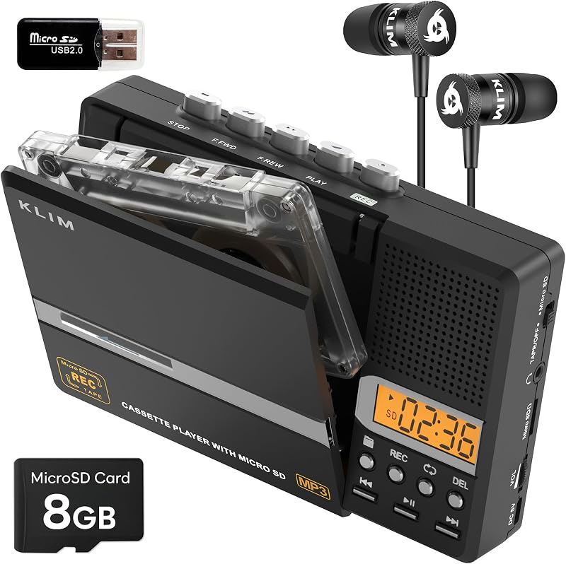 KLIM K10 Portable Cassette Tape Player & Tape Recorder, Cassette to MP3 Converter + Built-in Microphone & Speaker + USB PC Transfer + Battery/USB Powered + 8GB SD Card + Earphones - Black