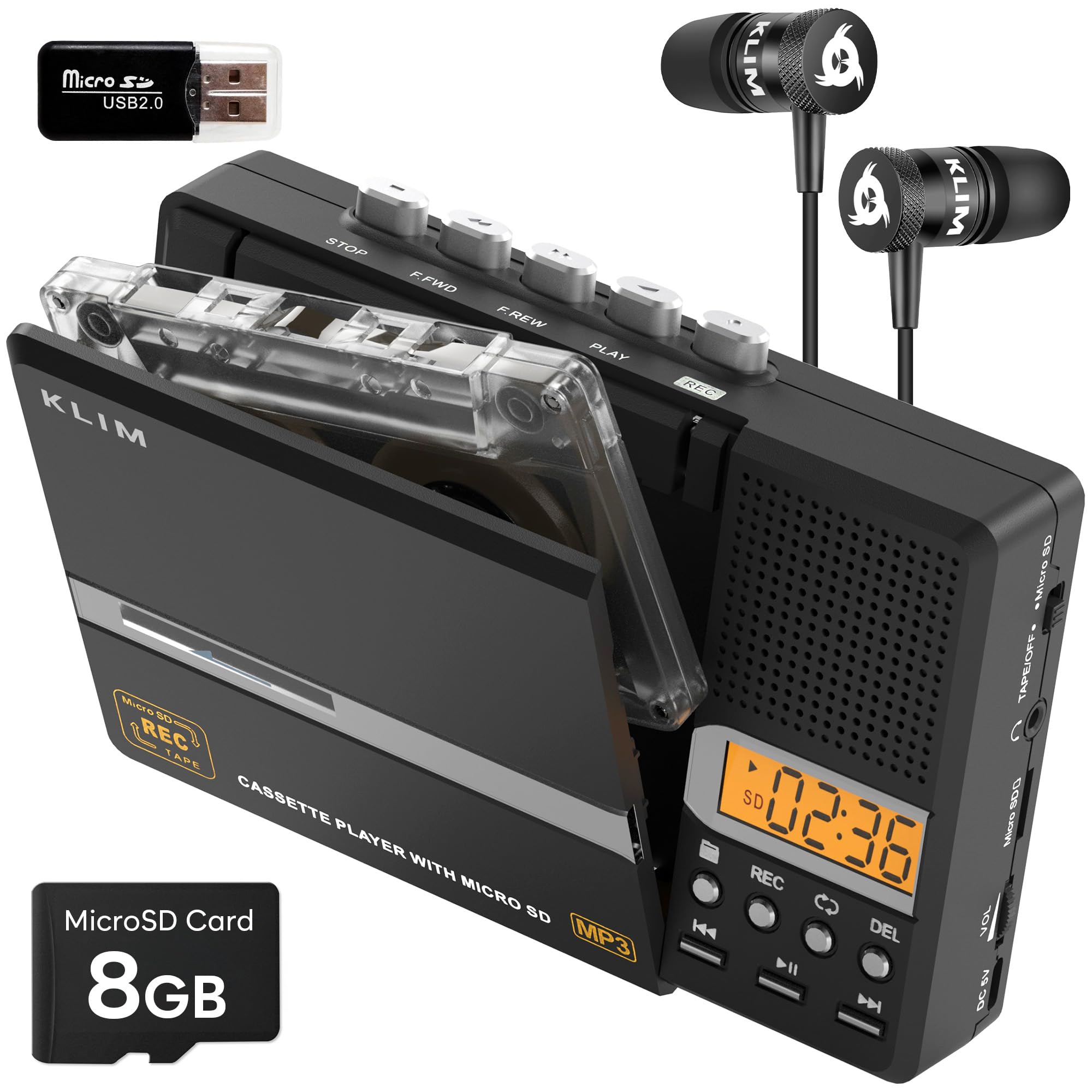 KLIM K10 Reproductor Cassette Portátil & Grabadora Cassette & Convertidor a MP3 + Micrófono & Altavoz Integrados + Transferencia USB PC + Pilas/USB + Tarjeta SD 8GB + Auriculares - Negro