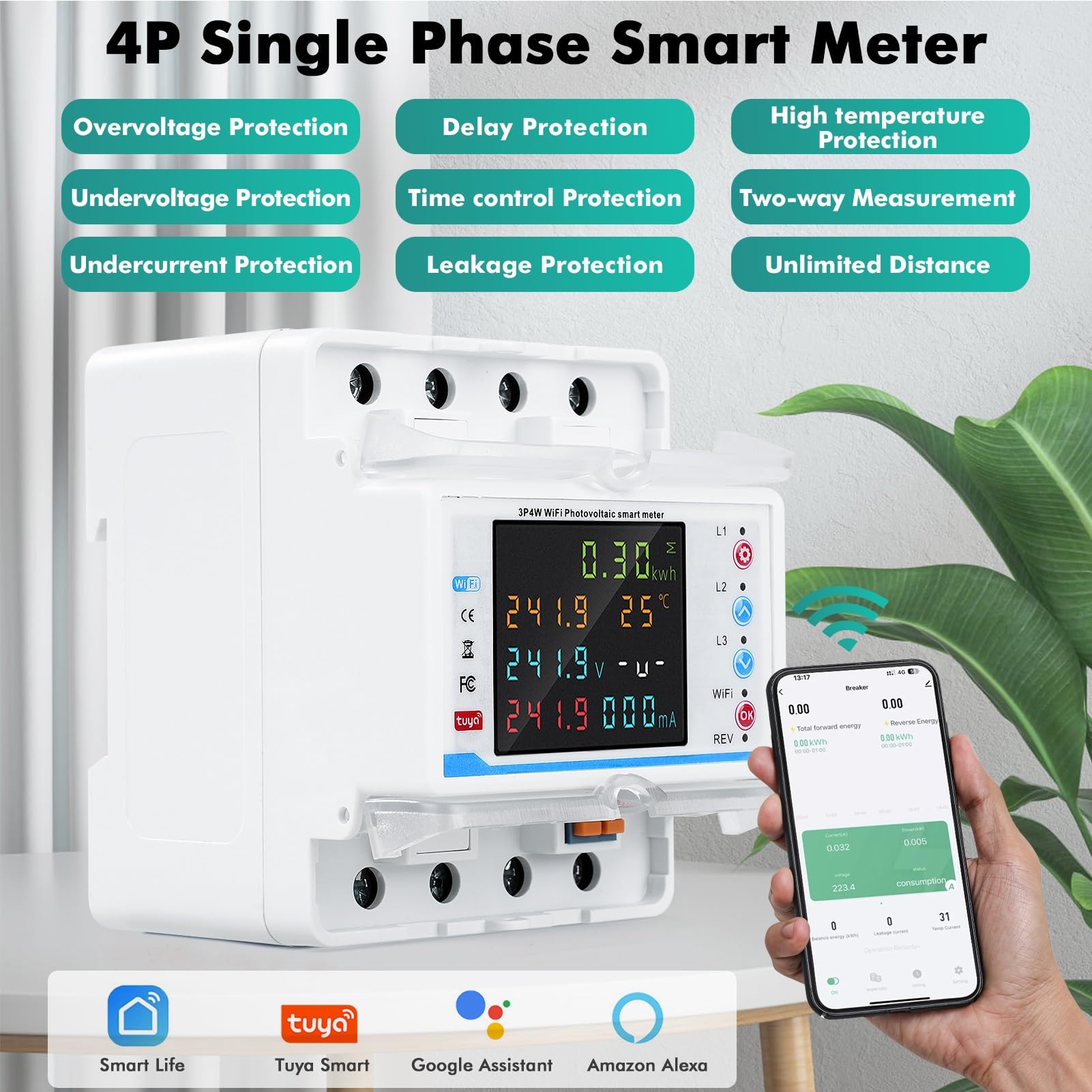 Jadeshay Inteligentny automatyczny przełącznik WiFi, AC380V 100A licznik energii elektrycznej WiFi Wyświetlacz LCD Wielofunkcyjny wyłącznik magnetyczny z zabezpieczeniem przed przeciążeniem i zbyt