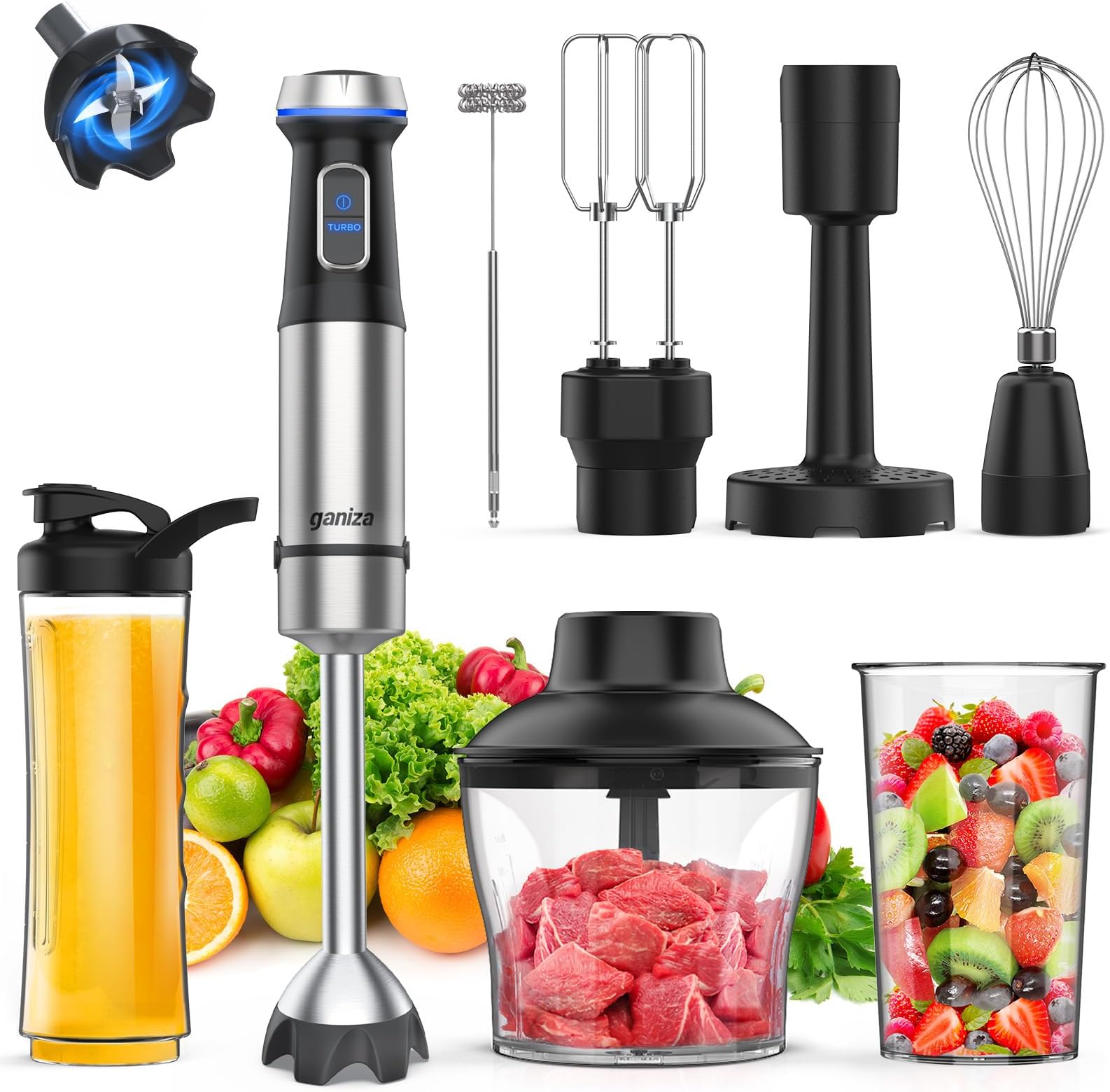 Immersion Blender Handheld Corded 8 in 1 Hand Blender Max 1000W 16 Speed Mode Stick Emulsifier with 800ml Mixing Beaker, 600ml Chopper, Whisk, Frother, Potato Masher and Portable Bottle