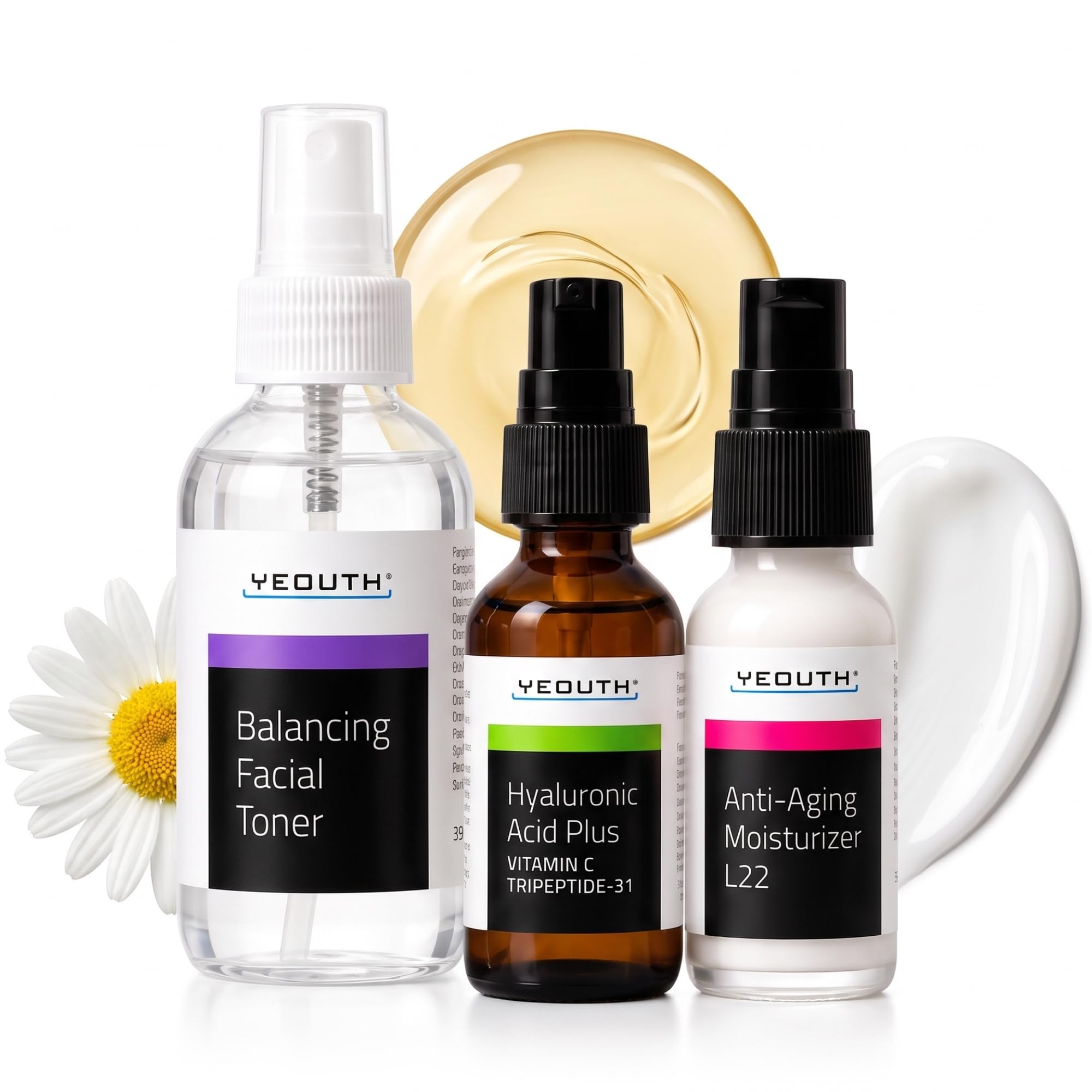Essentials Anti Aging Skin Care für das Gesicht, Gesichtswasser, Hyaluronic Acid Face Serum, Gesichtscreme, Anti Aging Gesichtspflege für Damen & Männer von YEOUTH 3 x 30ml Set