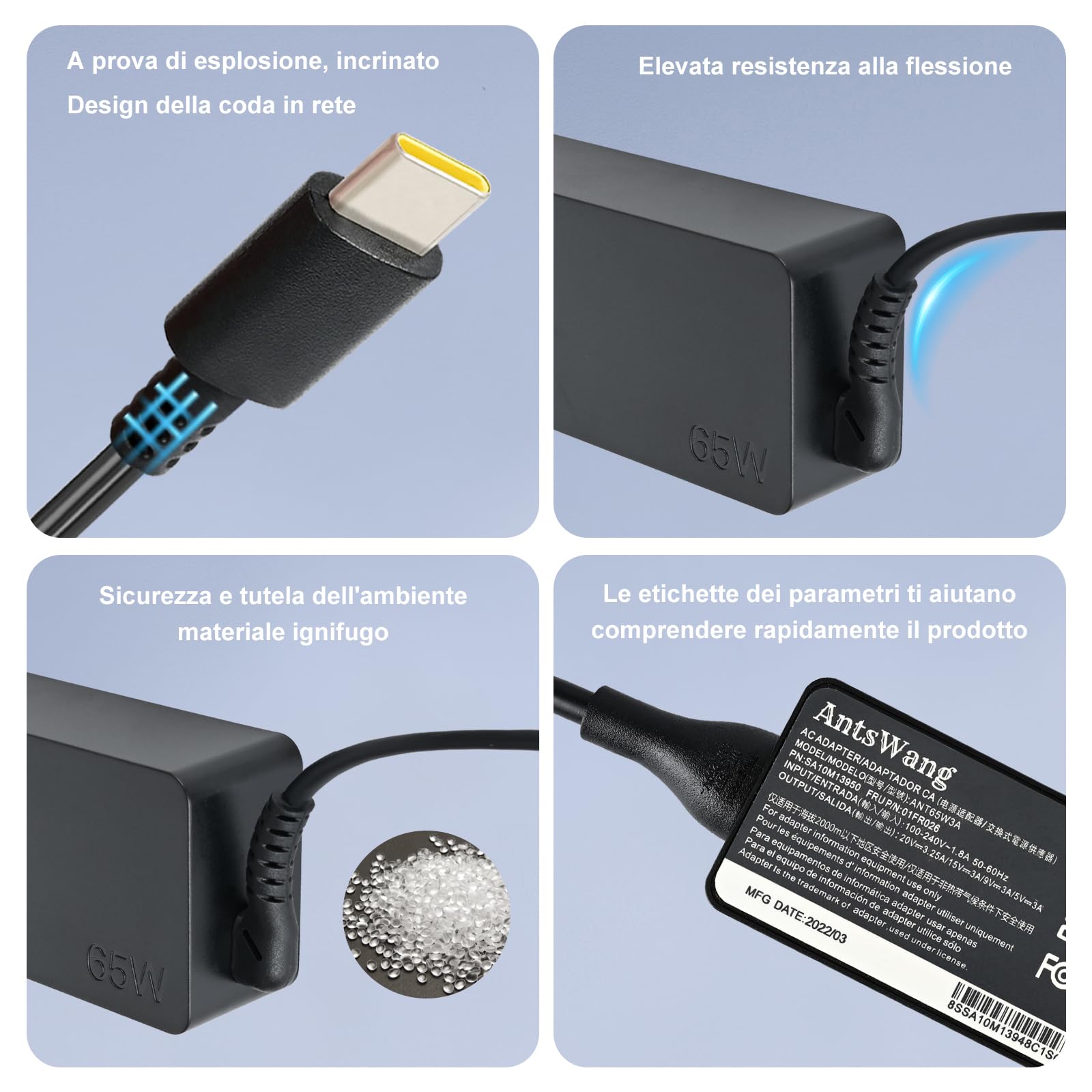 65W USB C Caricatore Alimentatore per Lenovo ThinkPad T14 T15 T480 T490 T580 T590 T14 E15 IdeaPad Yoga 720 730 910 920 C930 Chromebook 100e Portatile Caricabatterie PC