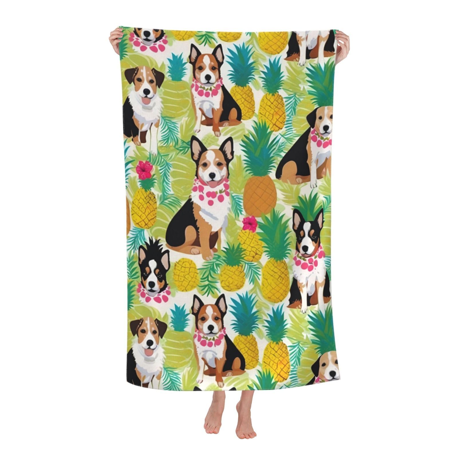Pojknbv White Tropical Flower And Corgi Print Oversized Adult Beach Towel Quick-Dry Comfortable Lightweight Travel Pool Camping